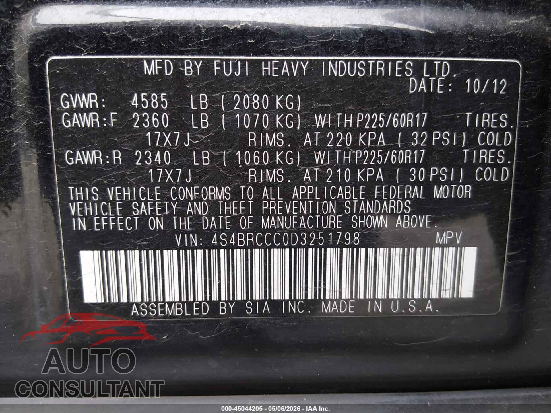 SUBARU OUTBACK 2013 - 4S4BRCCC0D3251798