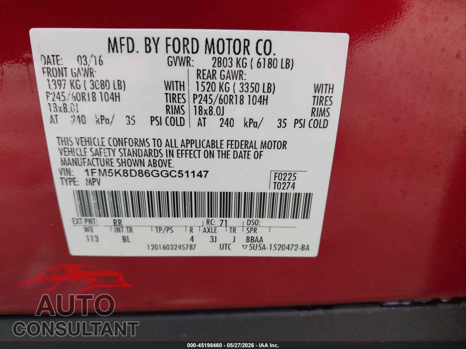 FORD EXPLORER 2016 - 1FM5K8D86GGC51147