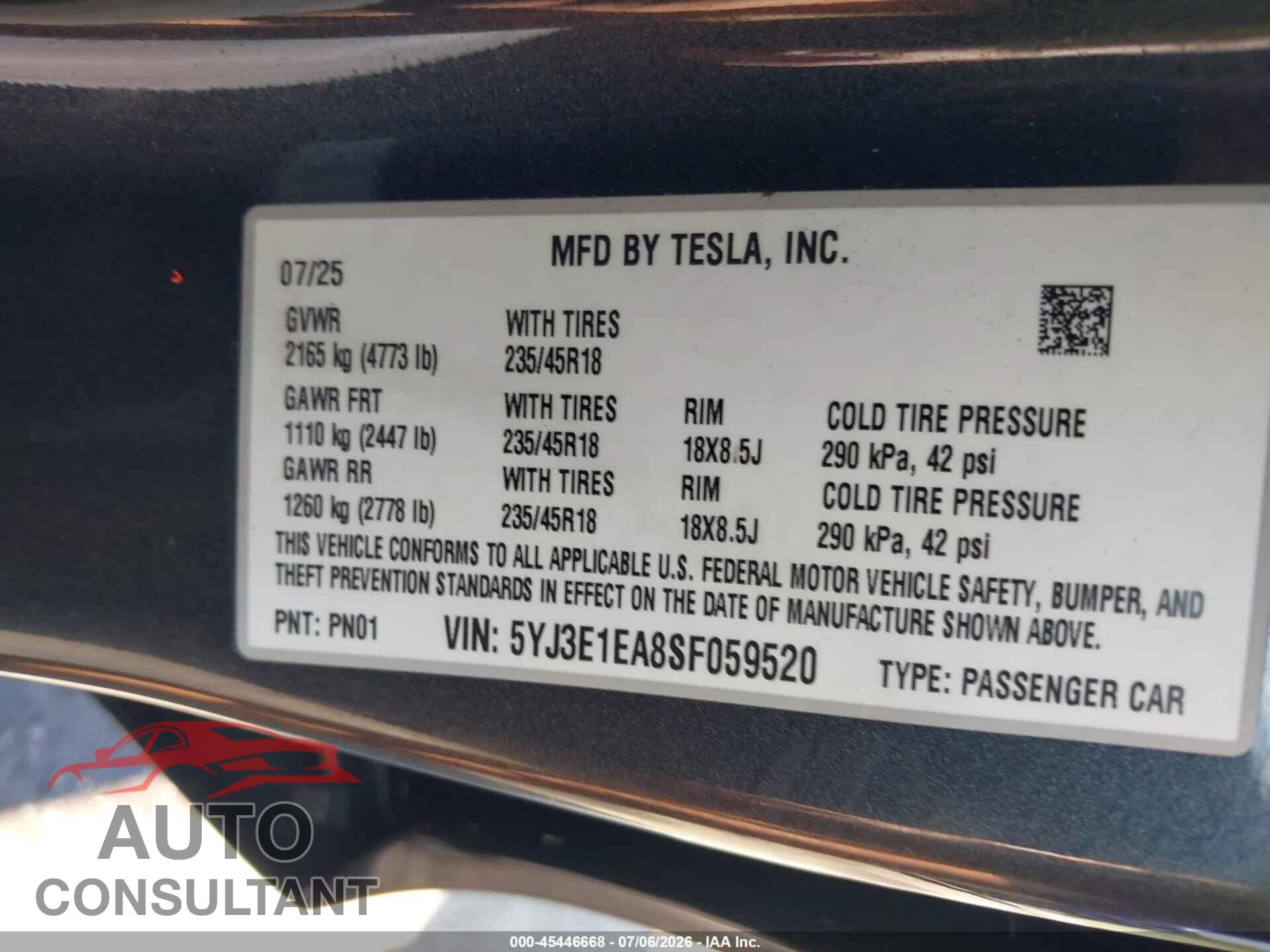 TESLA MODEL 3 2025 - 5YJ3E1EA8SF059520