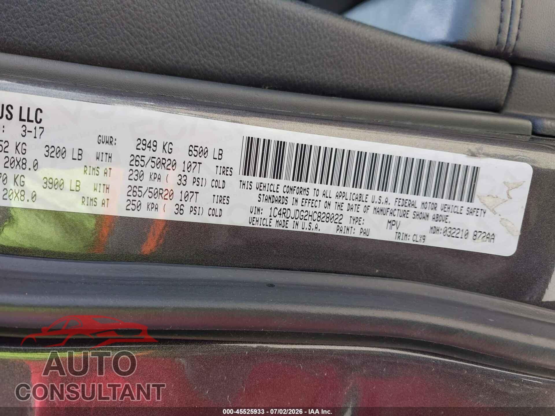DODGE DURANGO 2017 - 1C4RDJDG2HC828022