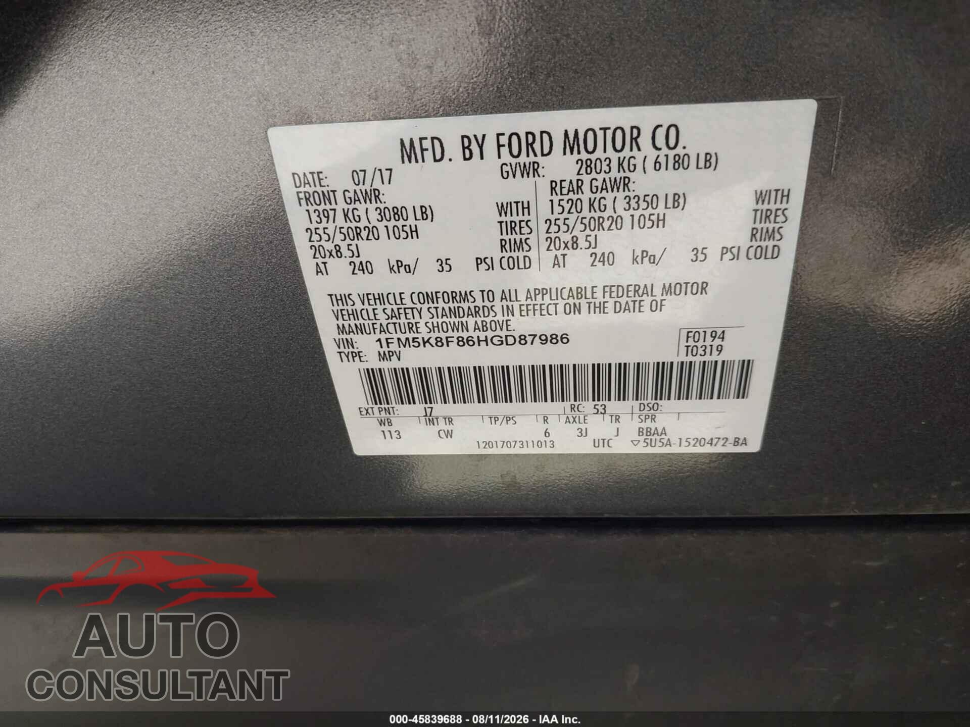 FORD EXPLORER 2017 - 1FM5K8F86HGD87986