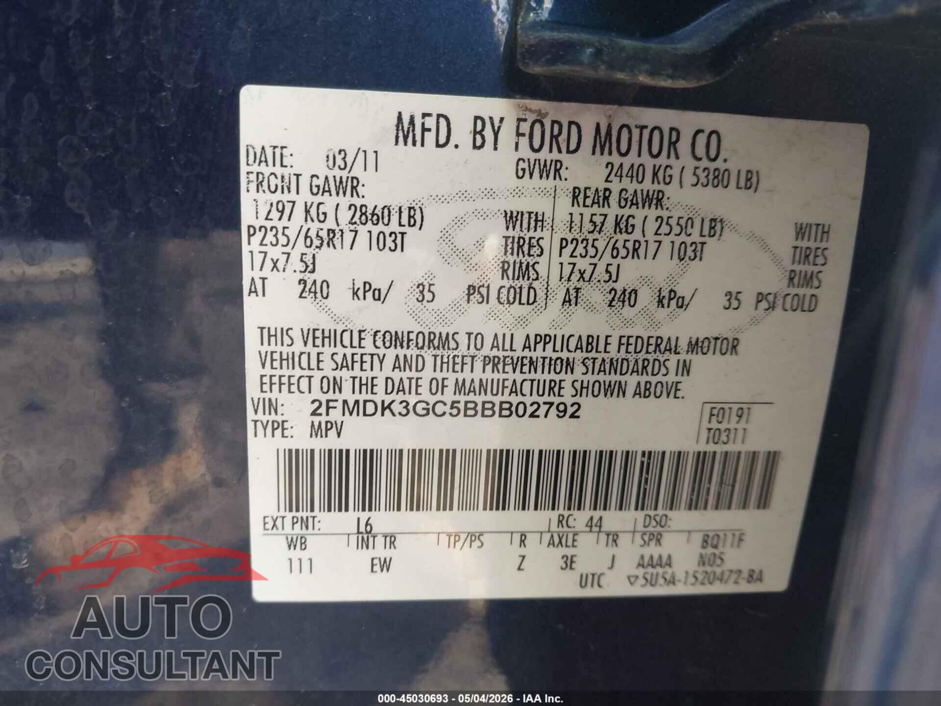 FORD EDGE 2011 - 2FMDK3GC5BBB02792