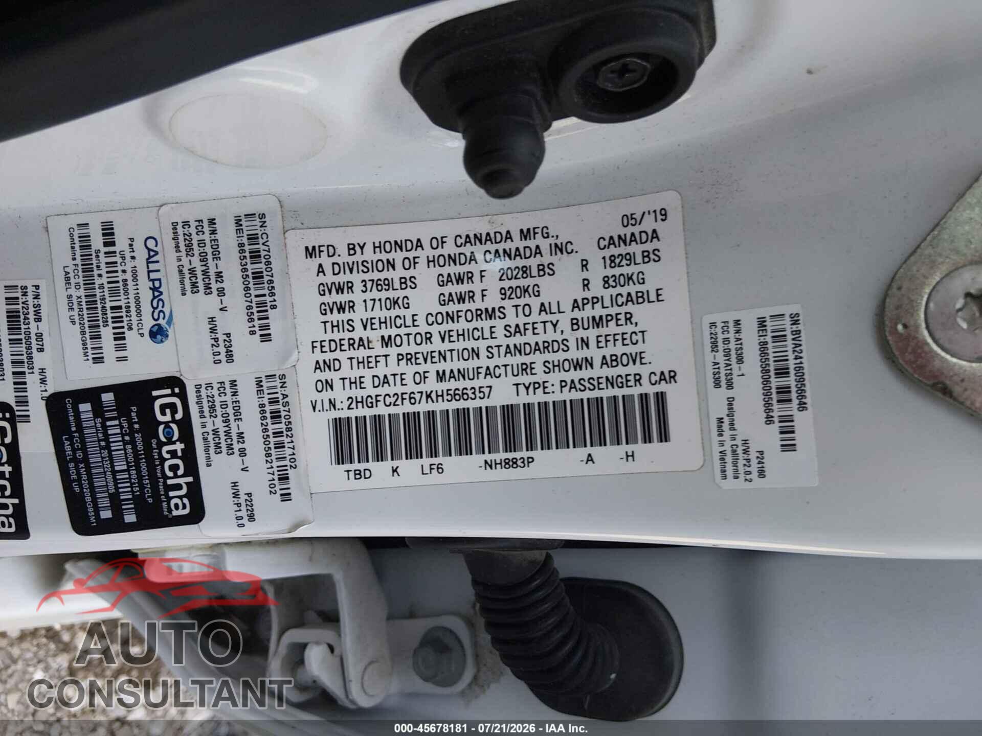 HONDA CIVIC 2019 - 2HGFC2F67KH566357