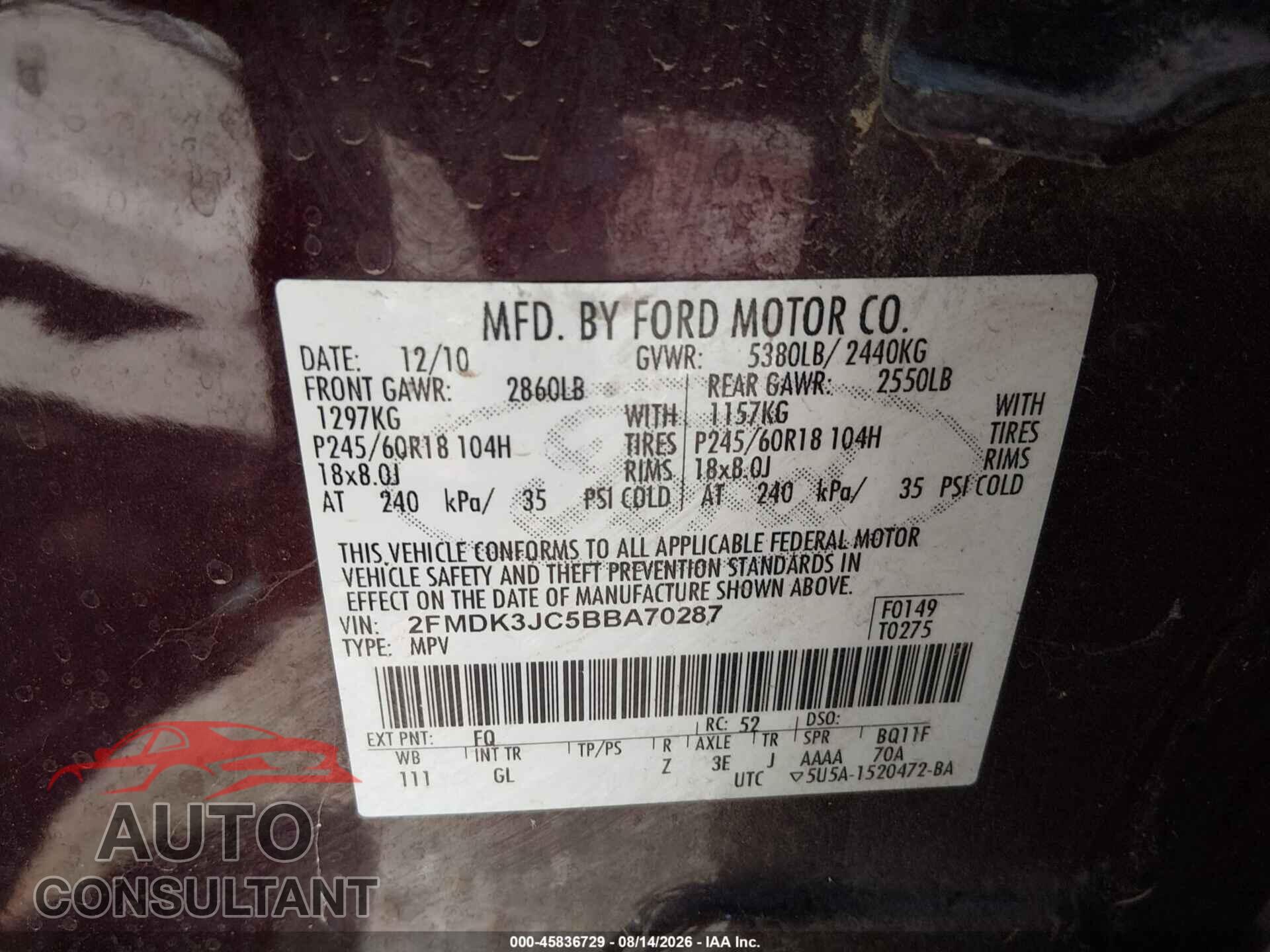 FORD EDGE 2011 - 2FMDK3JC5BBA70287
