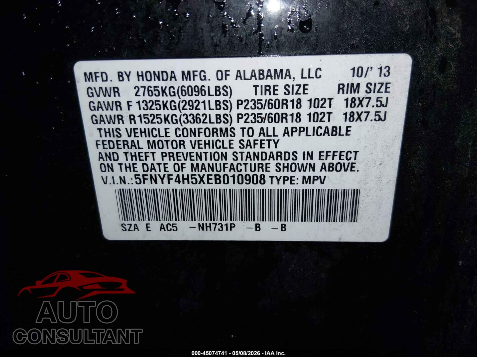 HONDA PILOT 2014 - 5FNYF4H5XEB010908