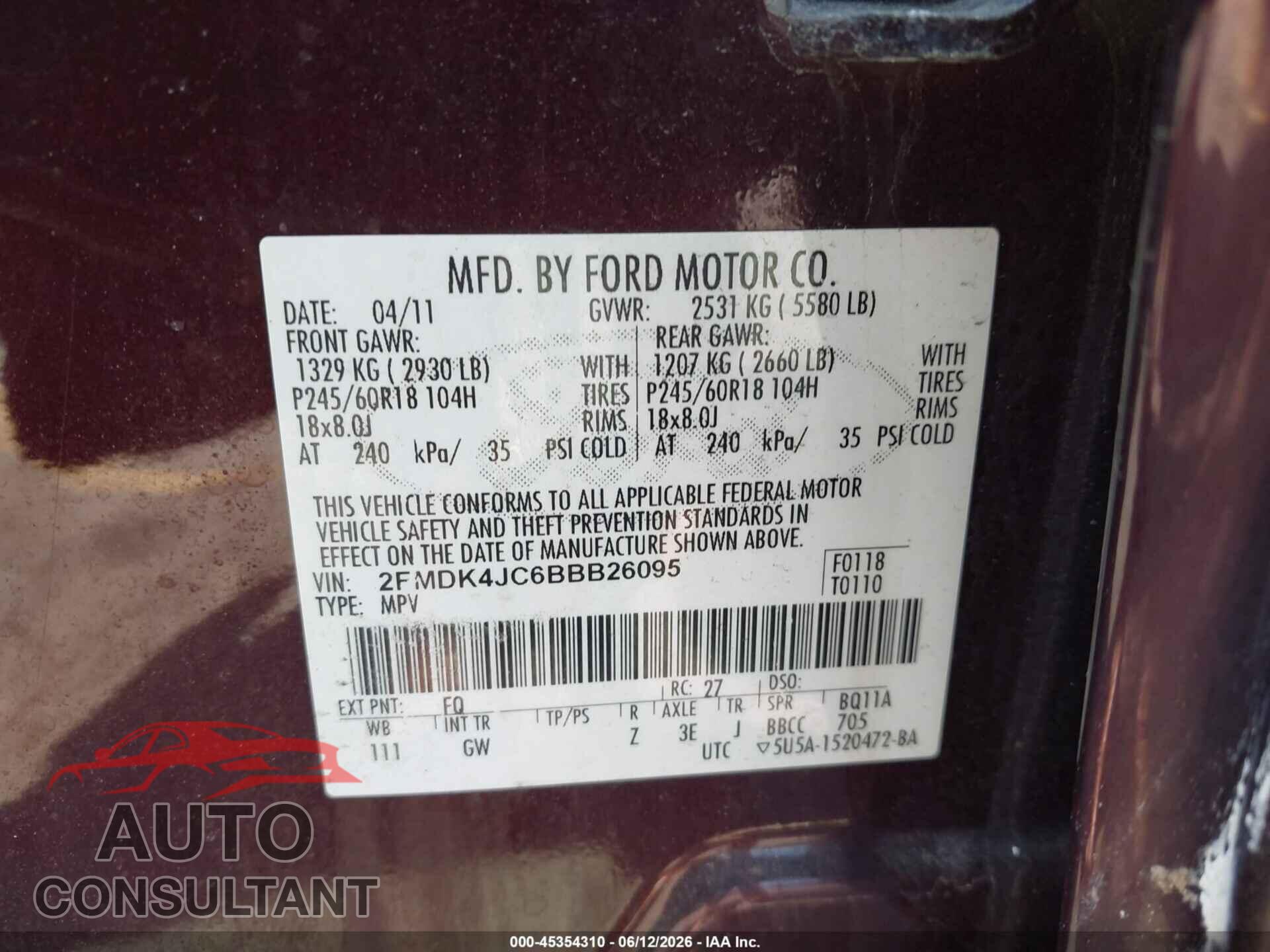 FORD EDGE 2011 - 2FMDK4JC6BBB26095