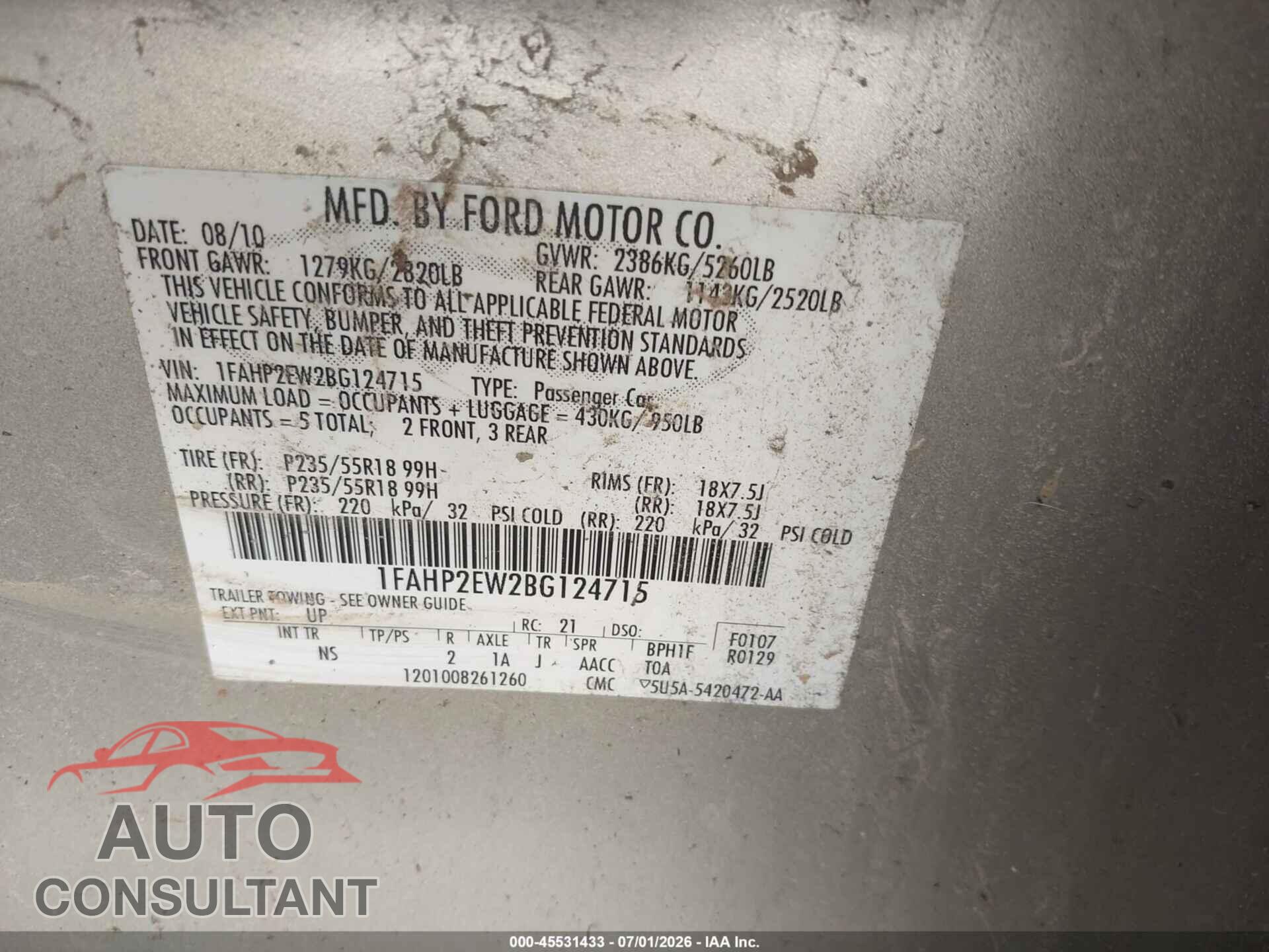 FORD TAURUS 2011 - 1FAHP2EW2BG124715
