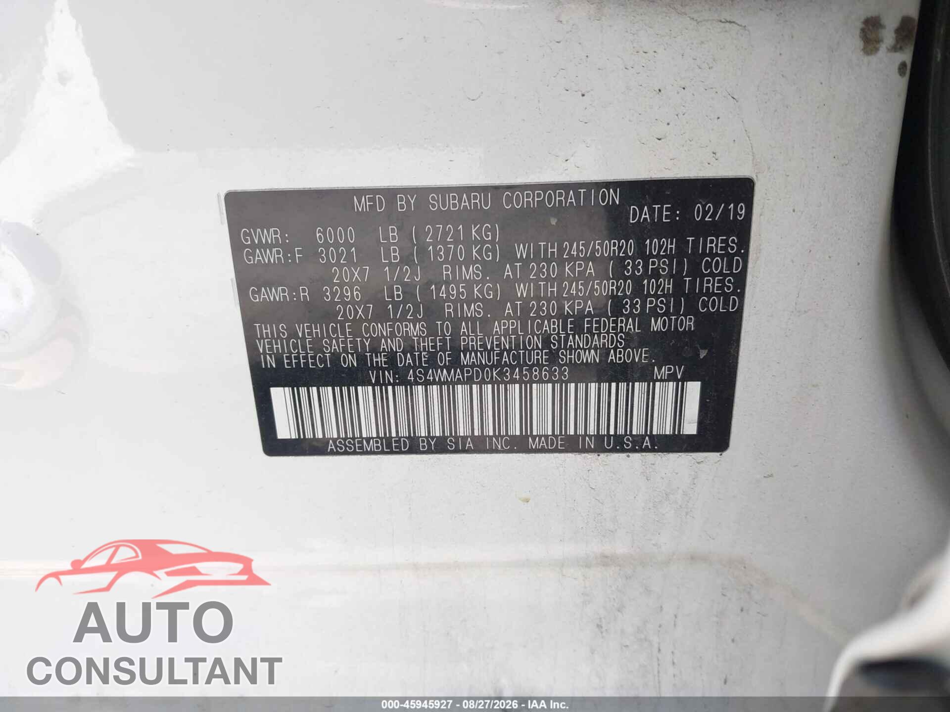 SUBARU ASCENT 2019 - 4S4WMAPD0K3458633