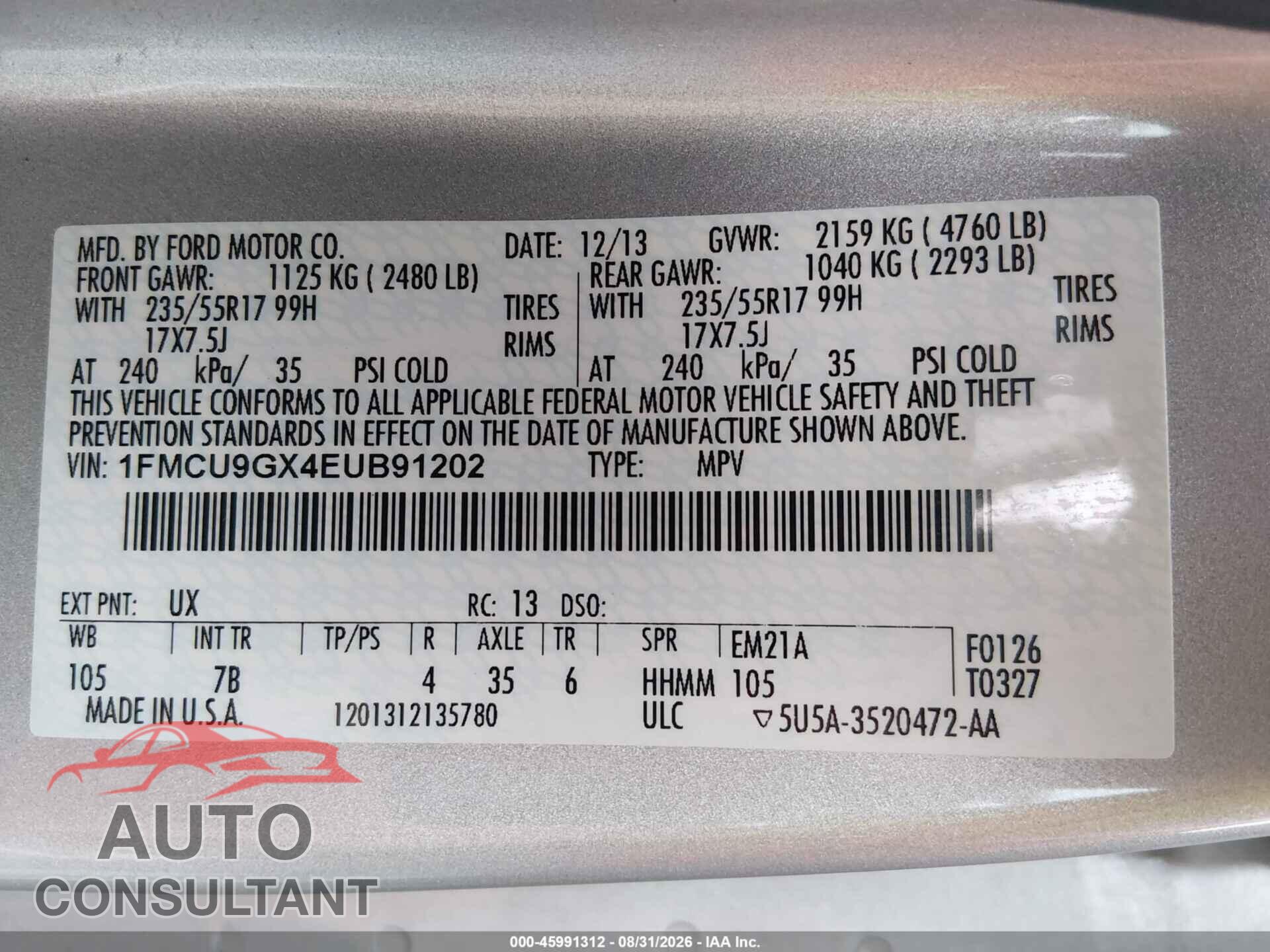 FORD ESCAPE 2014 - 1FMCU9GX4EUB91202