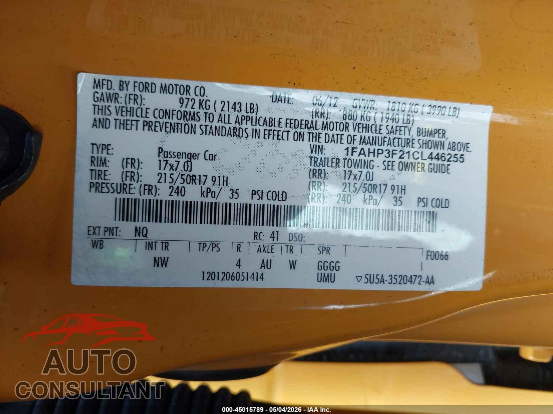 FORD FOCUS 2012 - 1FAHP3F21CL446255