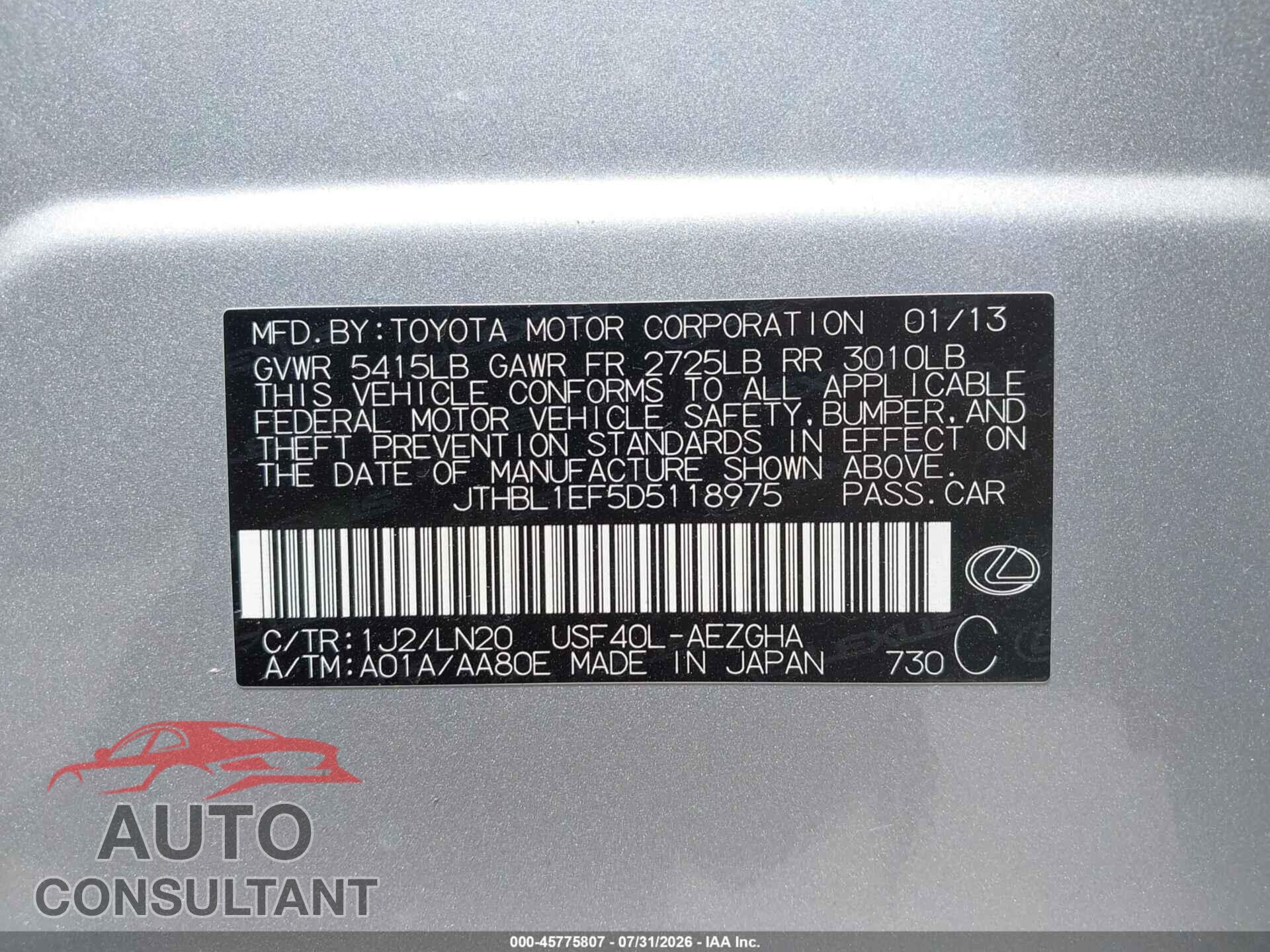 LEXUS LS 460 2013 - JTHBL1EF5D5118975