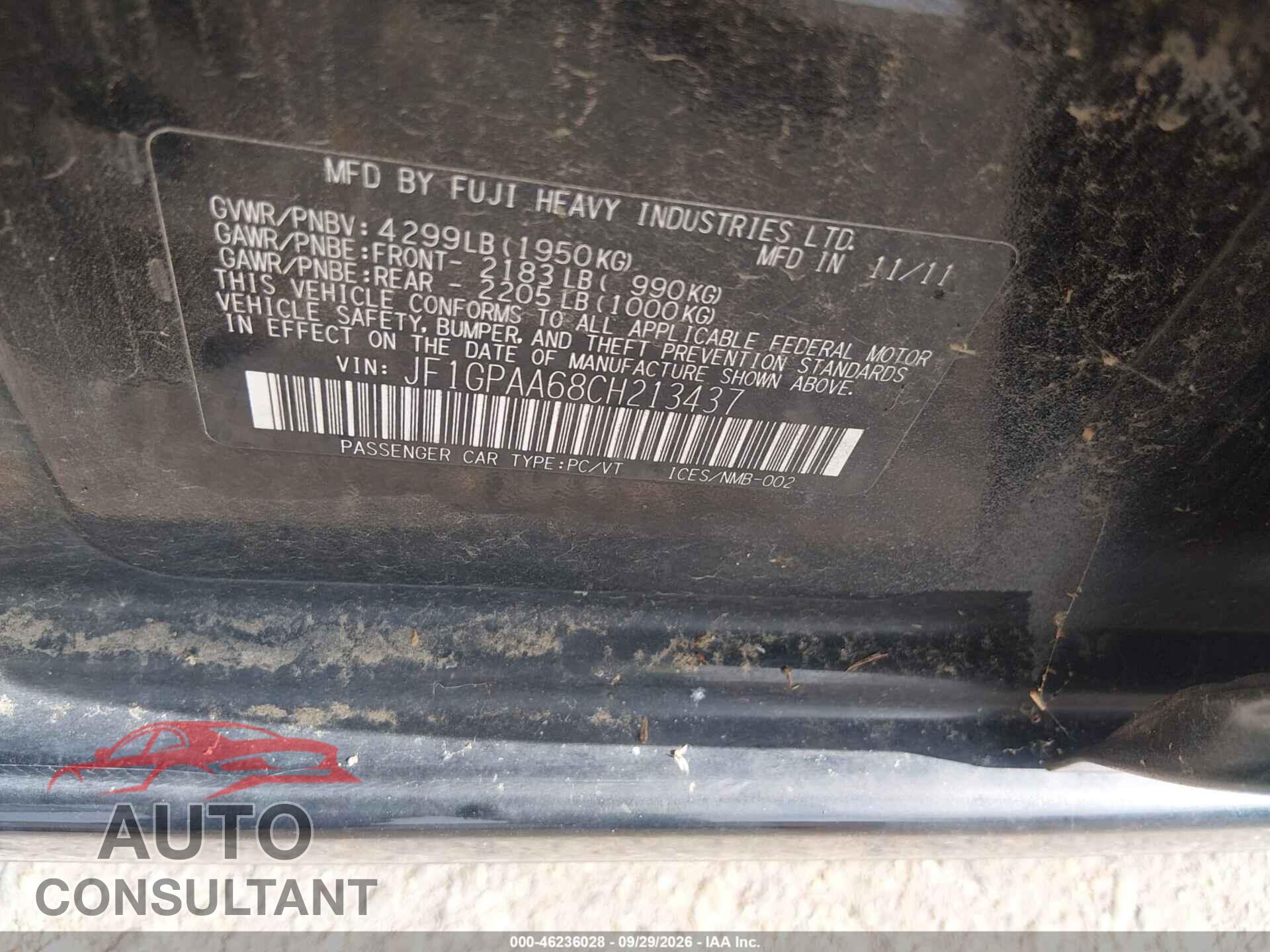 SUBARU IMPREZA 2012 - JF1GPAA68CH213437