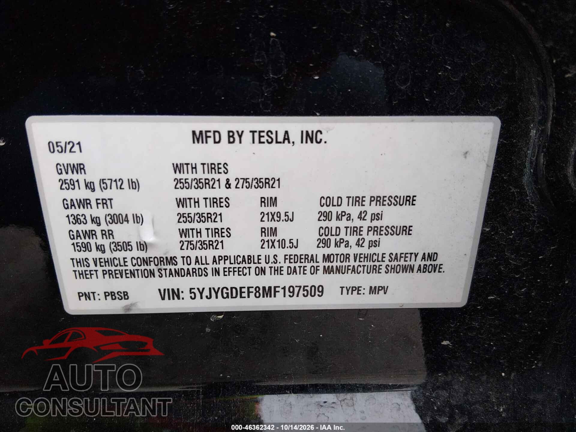 TESLA MODEL Y 2021 - 5YJYGDEF8MF197509