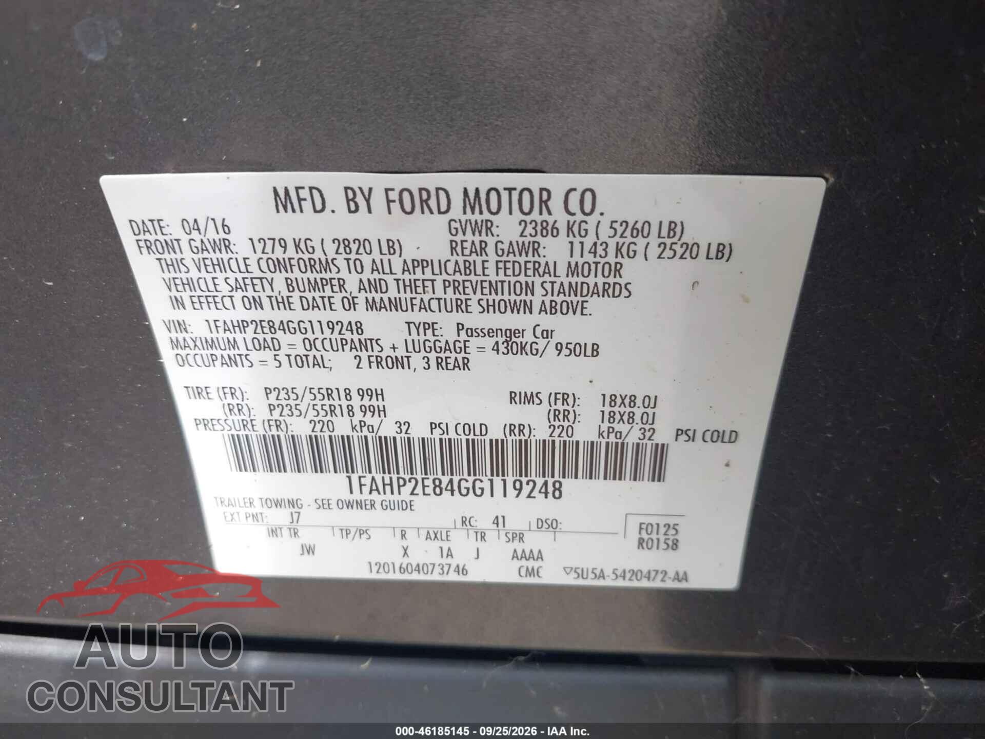 FORD TAURUS 2016 - 1FAHP2E84GG119248