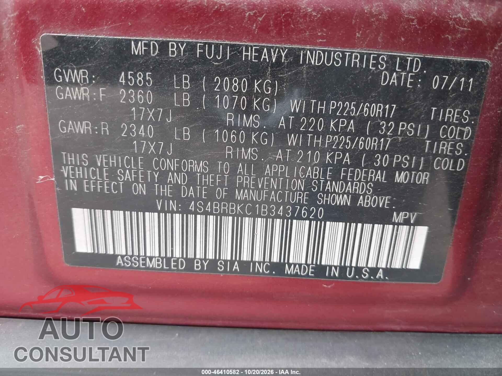 SUBARU OUTBACK 2011 - 4S4BRBKC1B3437620