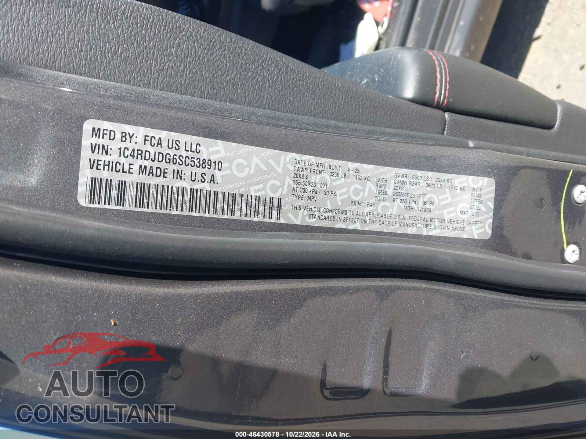 DODGE DURANGO 2025 - 1C4RDJDG6SC538910