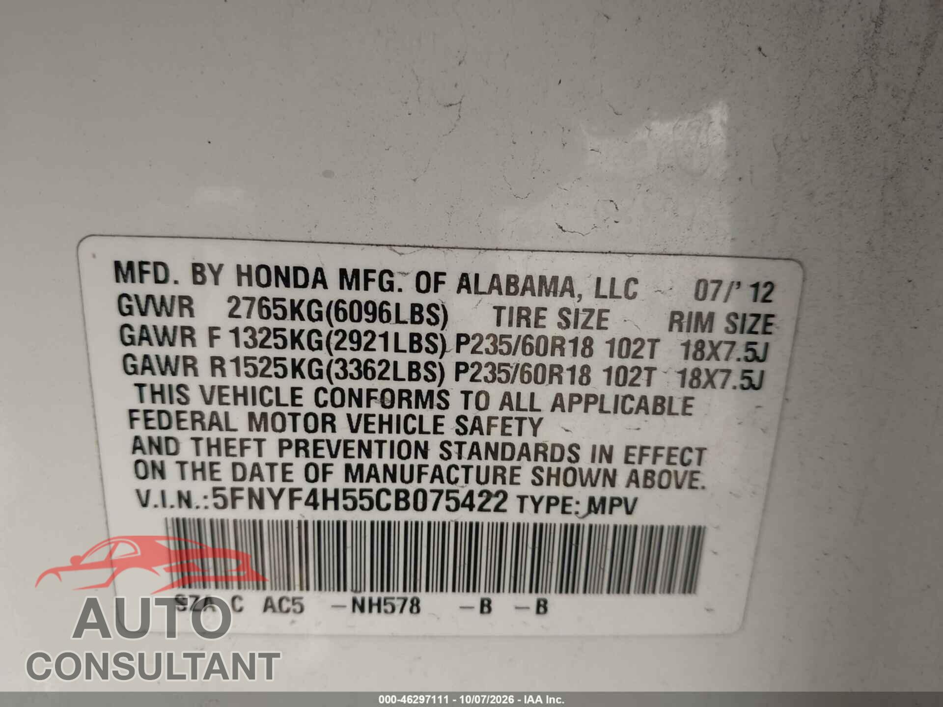 HONDA PILOT 2012 - 5FNYF4H55CB075422