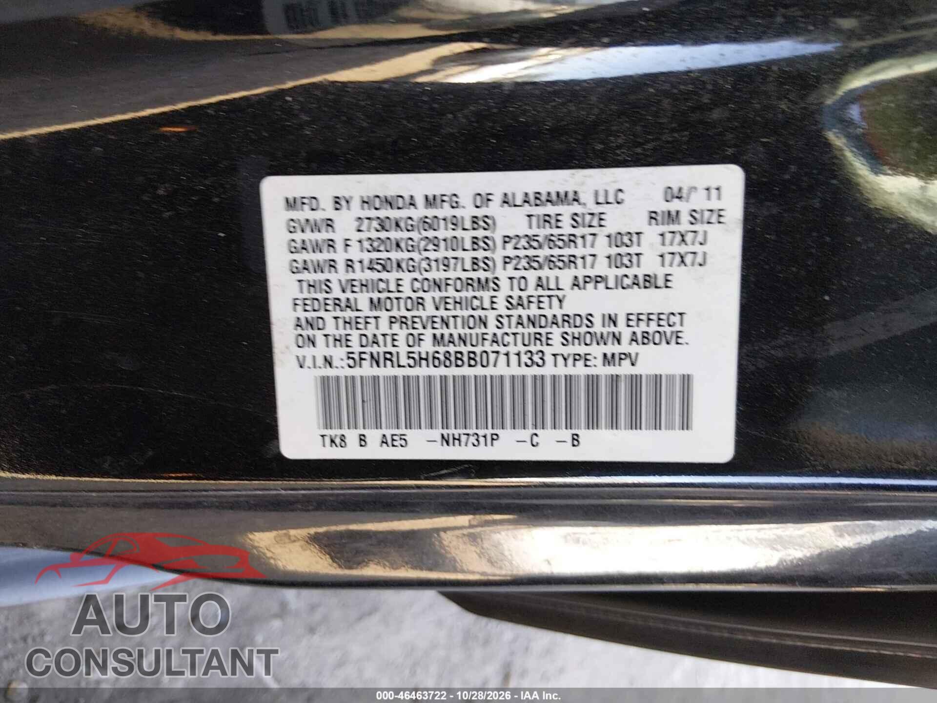 HONDA ODYSSEY 2011 - 5FNRL5H68BB071133