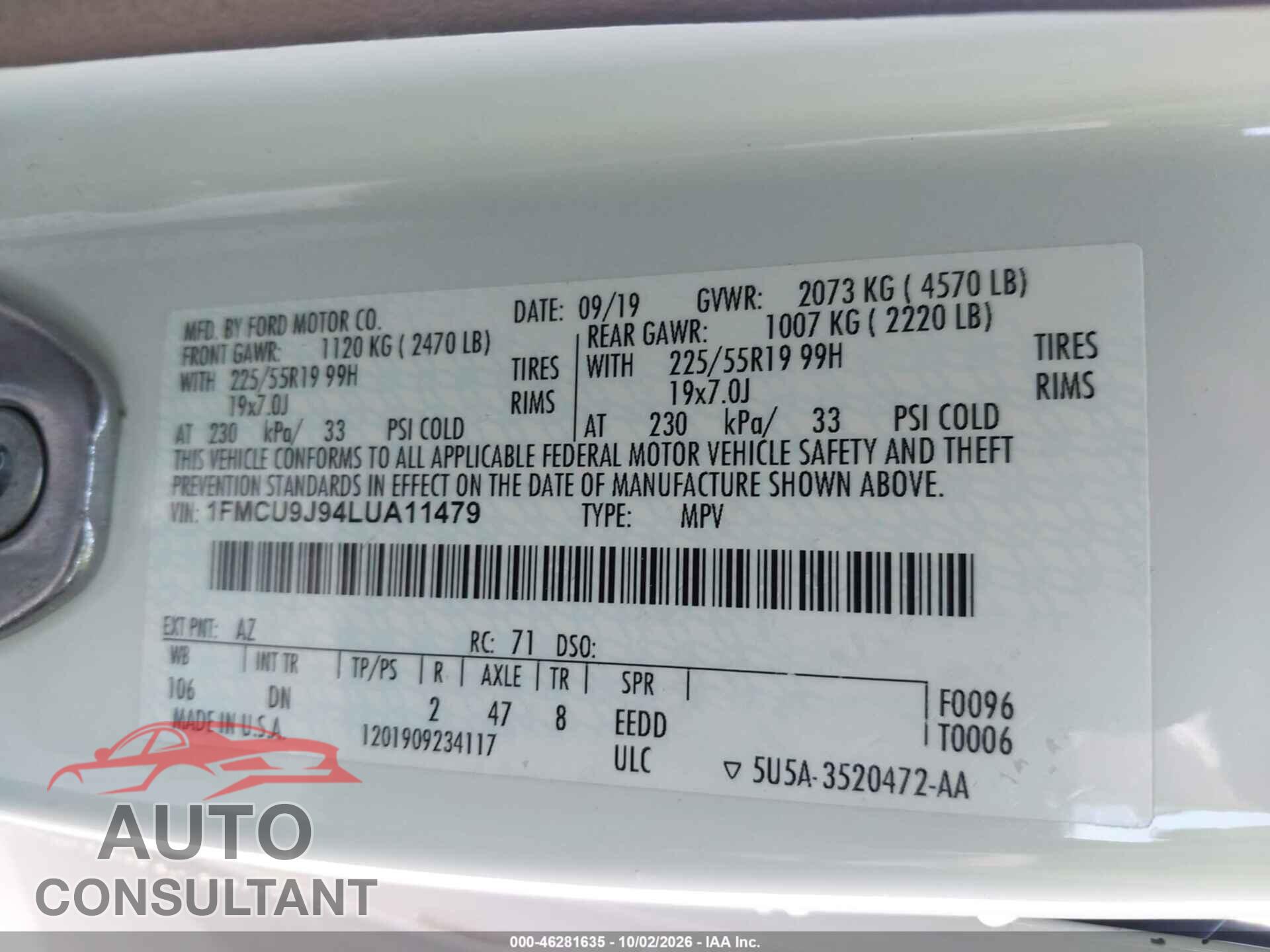 FORD ESCAPE 2020 - 1FMCU9J94LUA11479