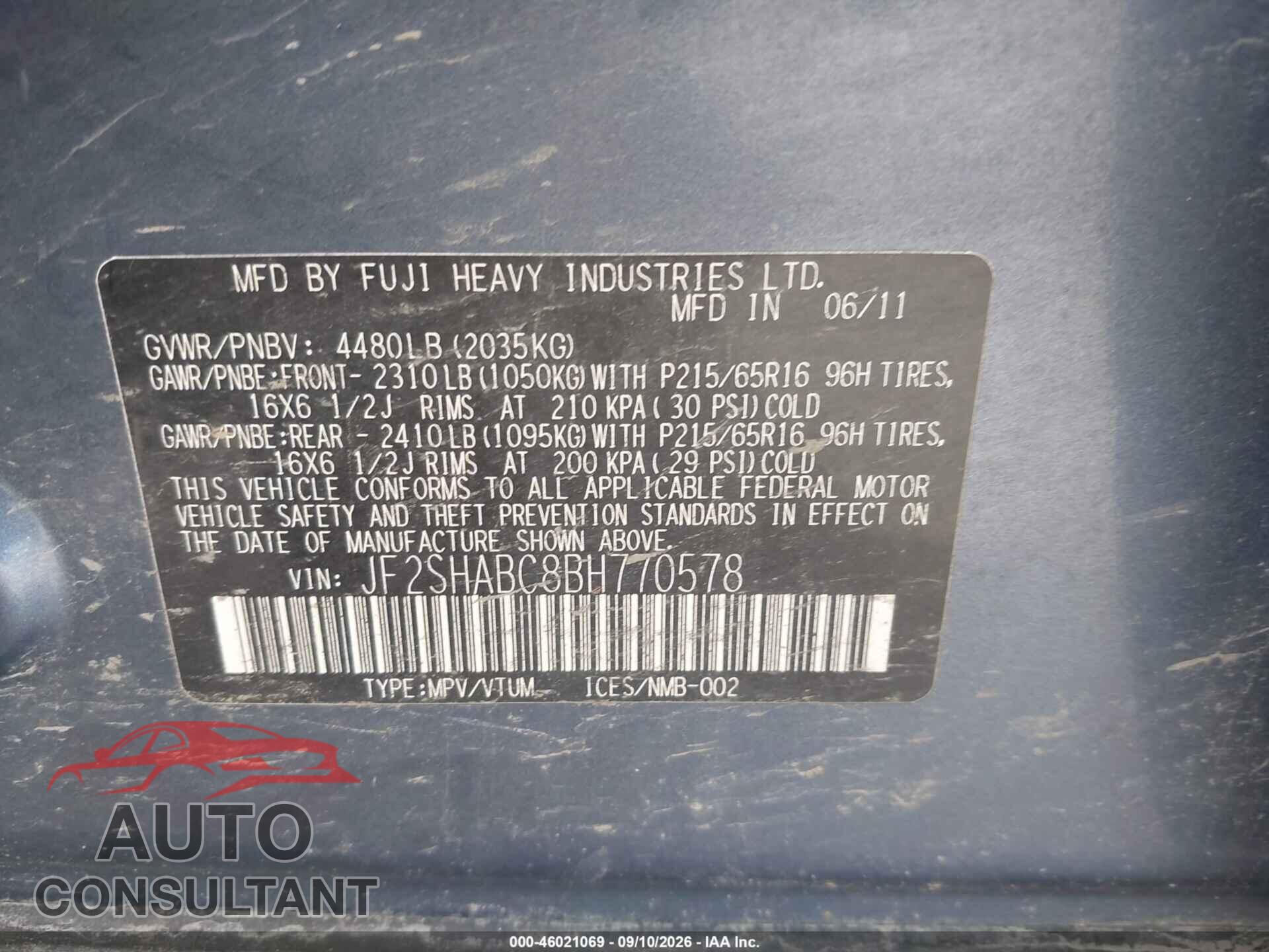 SUBARU FORESTER 2011 - JF2SHABC8BH770578