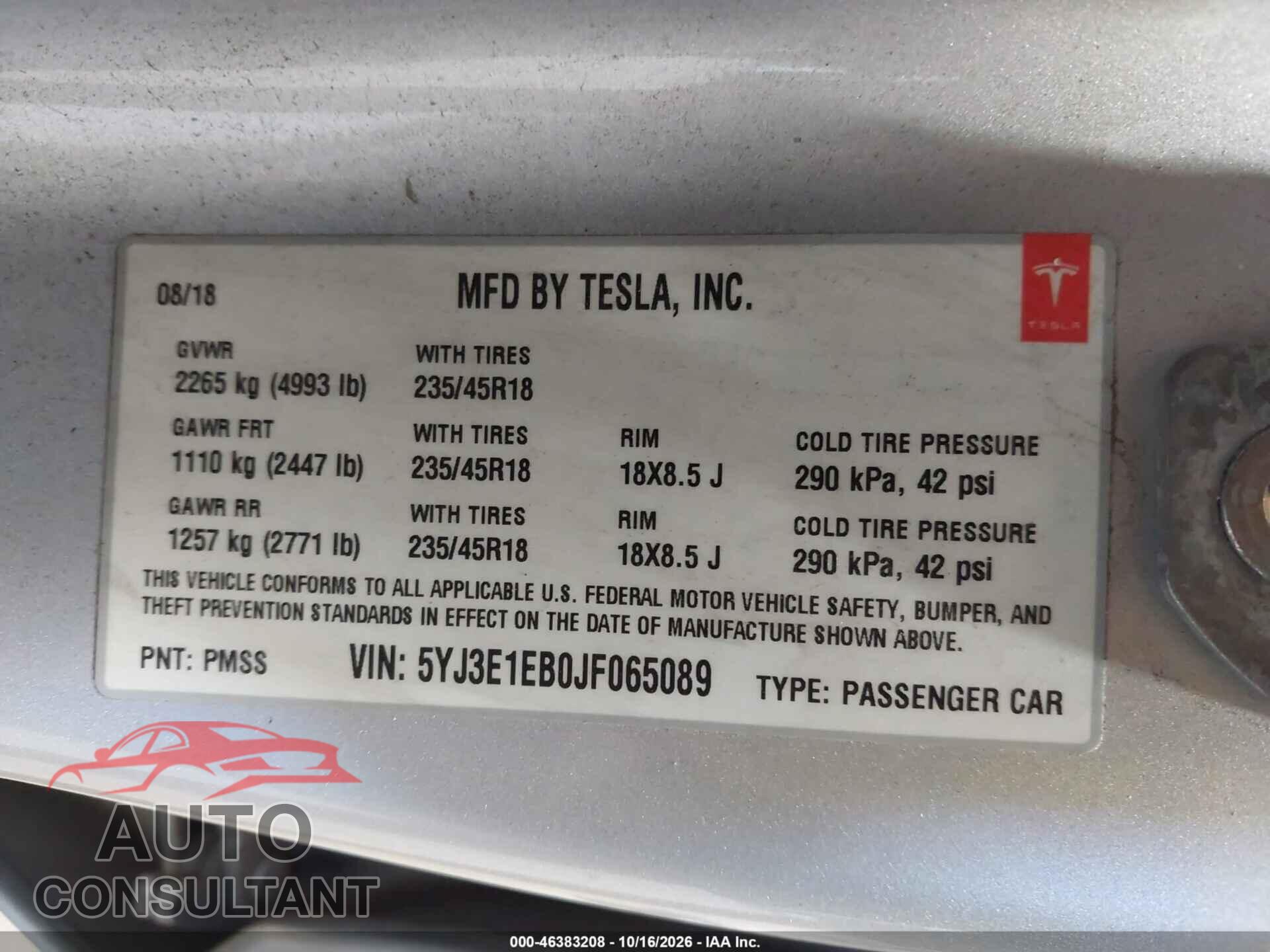 TESLA MODEL 3 2018 - 5YJ3E1EB0JF065089