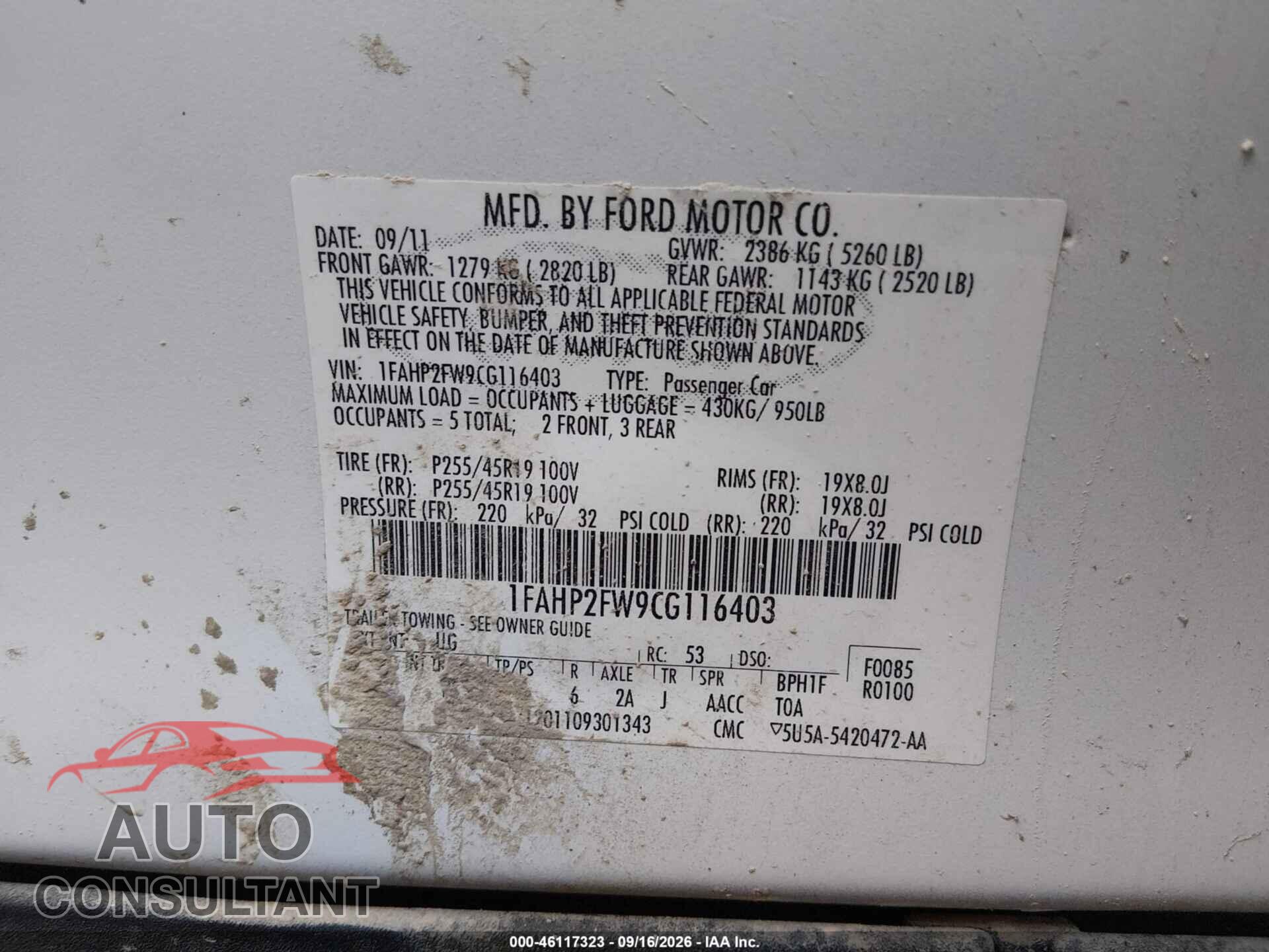 FORD TAURUS 2012 - 1FAHP2FW9CG116403