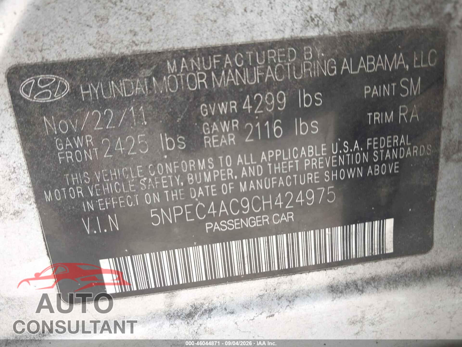 HYUNDAI SONATA 2012 - 5NPEC4AC9CH424975