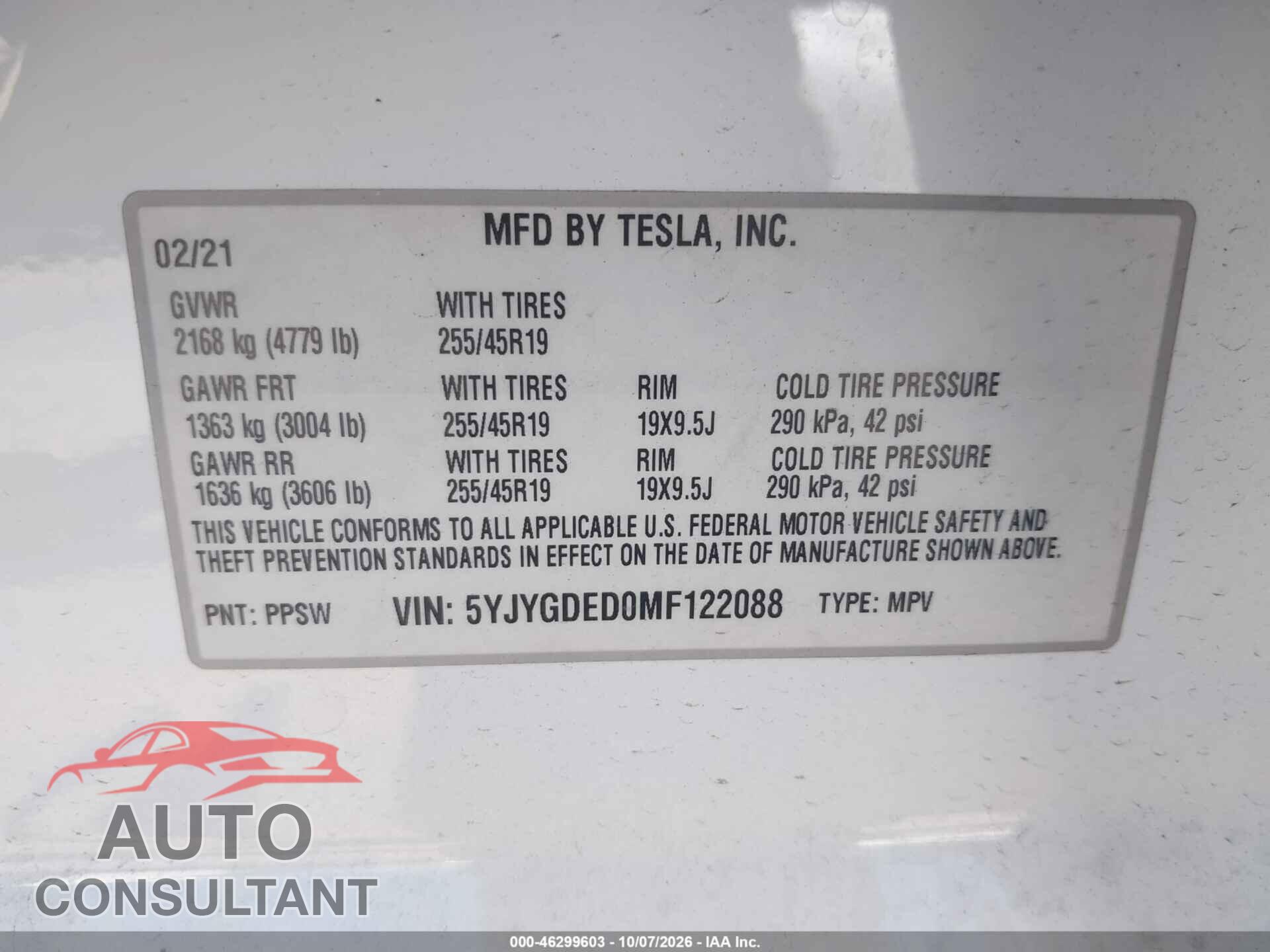 TESLA MODEL Y 2021 - 5YJYGDED0MF122088