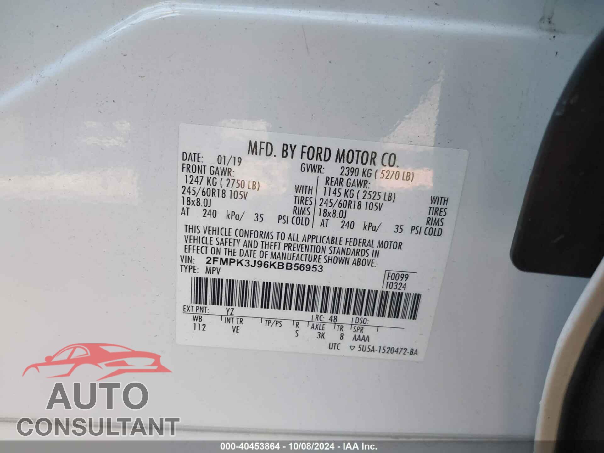 FORD EDGE 2019 - 2FMPK3J96KBB56953