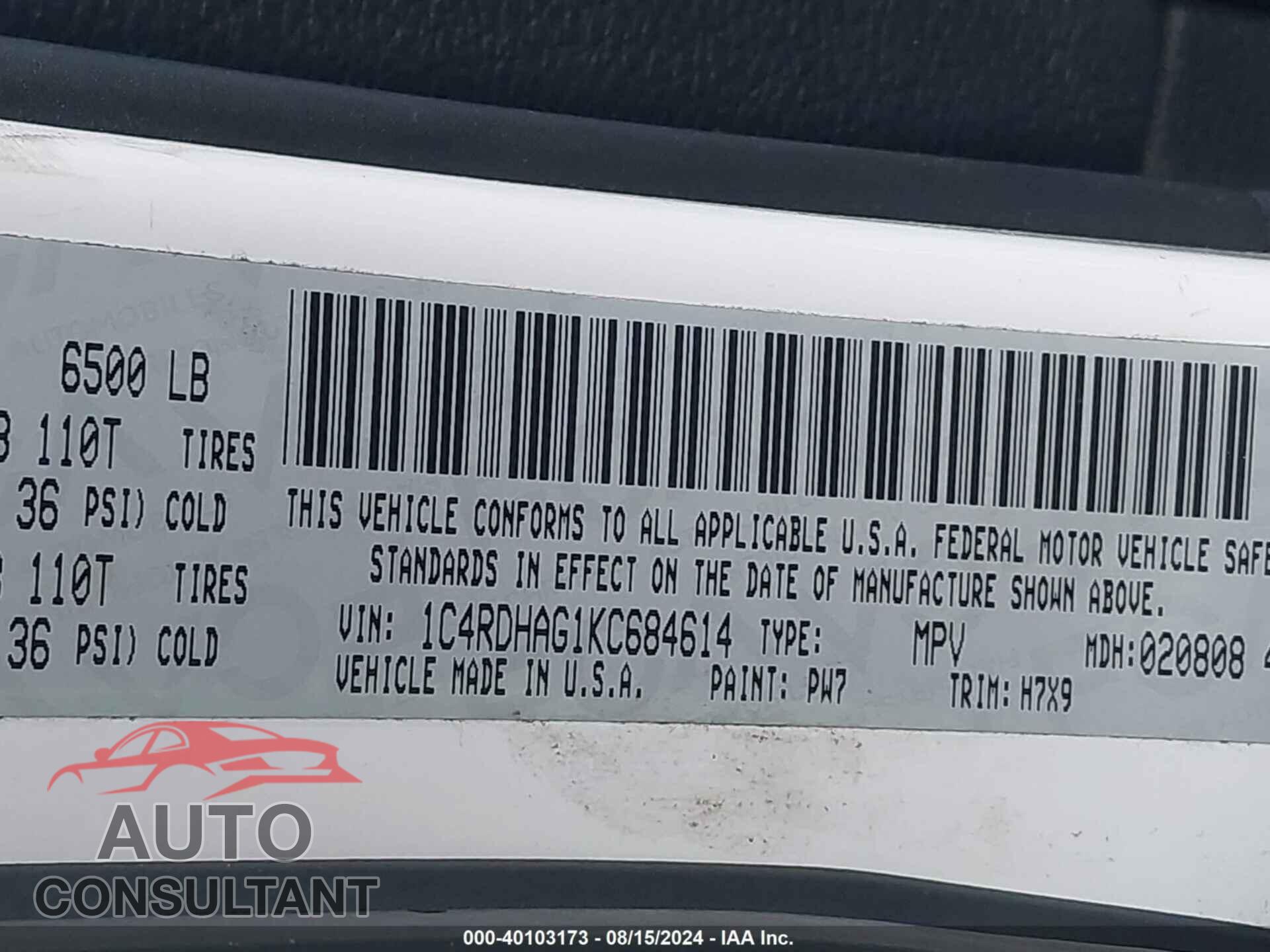 DODGE DURANGO 2019 - 1C4RDHAG1KC684614