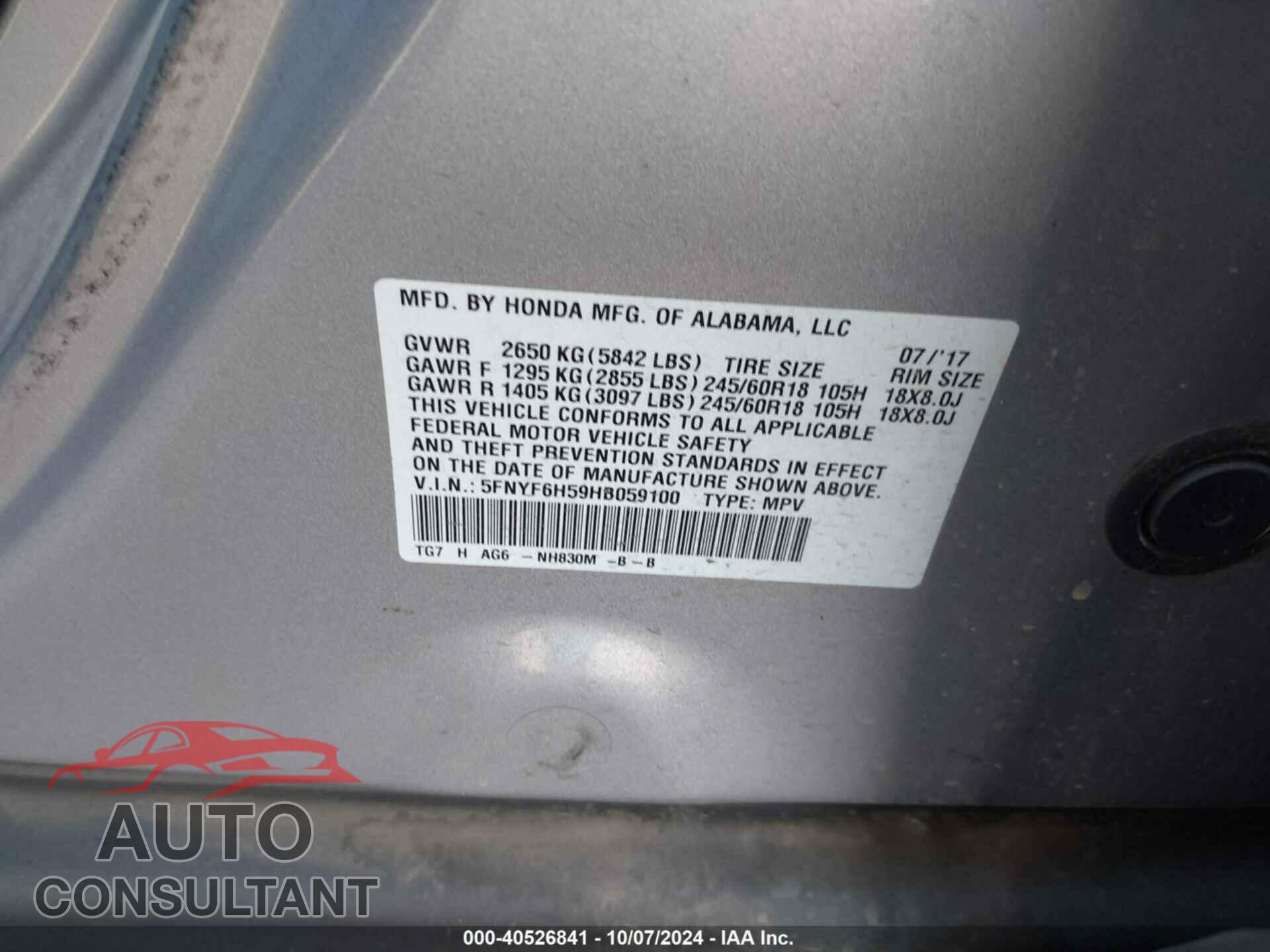 HONDA PILOT 2017 - 5FNYF6H59HB059100