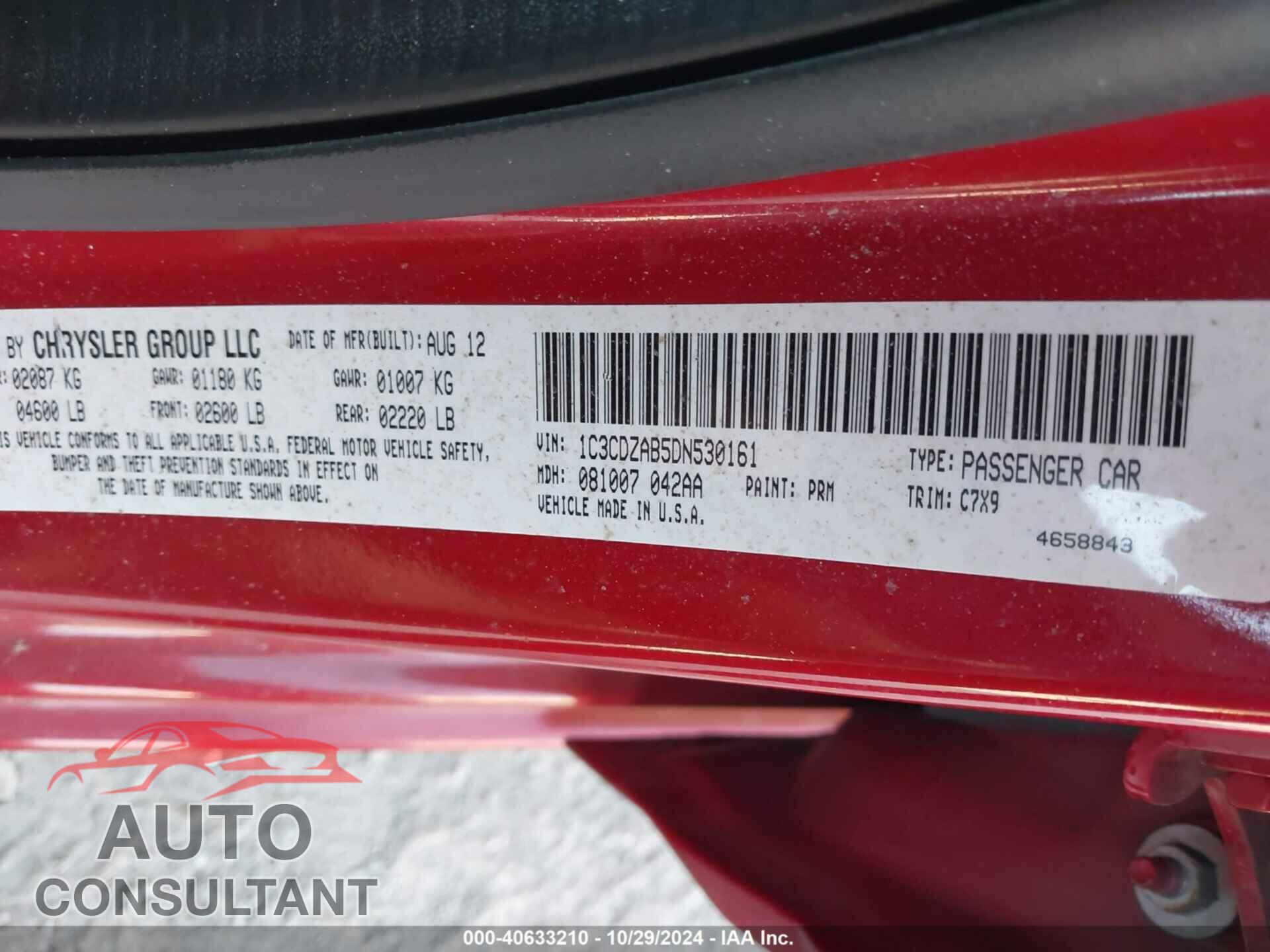 DODGE AVENGER 2013 - 1C3CDZAB5DN530161