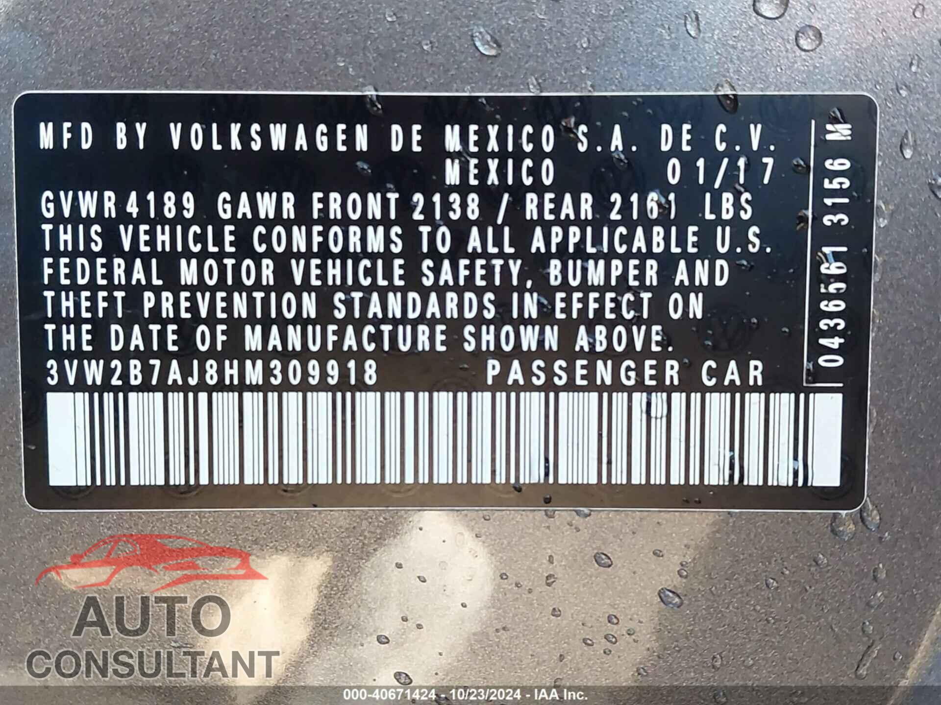 VOLKSWAGEN JETTA 2017 - 3VW2B7AJ8HM309918