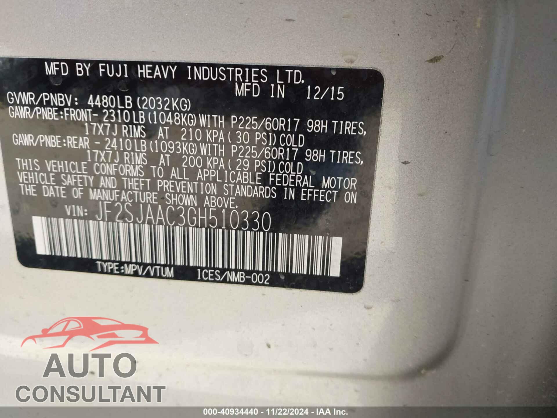 SUBARU FORESTER 2016 - JF2SJAAC3GH510330