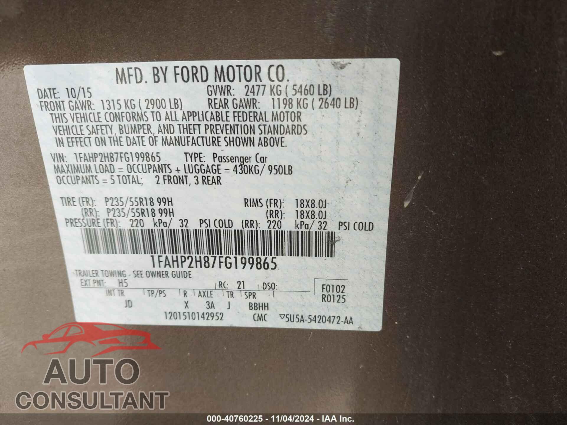 FORD TAURUS 2015 - 1FAHP2H87FG199865