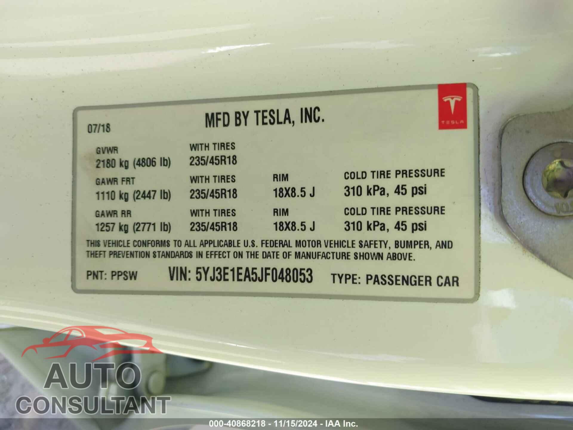 TESLA MODEL 3 2018 - 5YJ3E1EA5JF048053