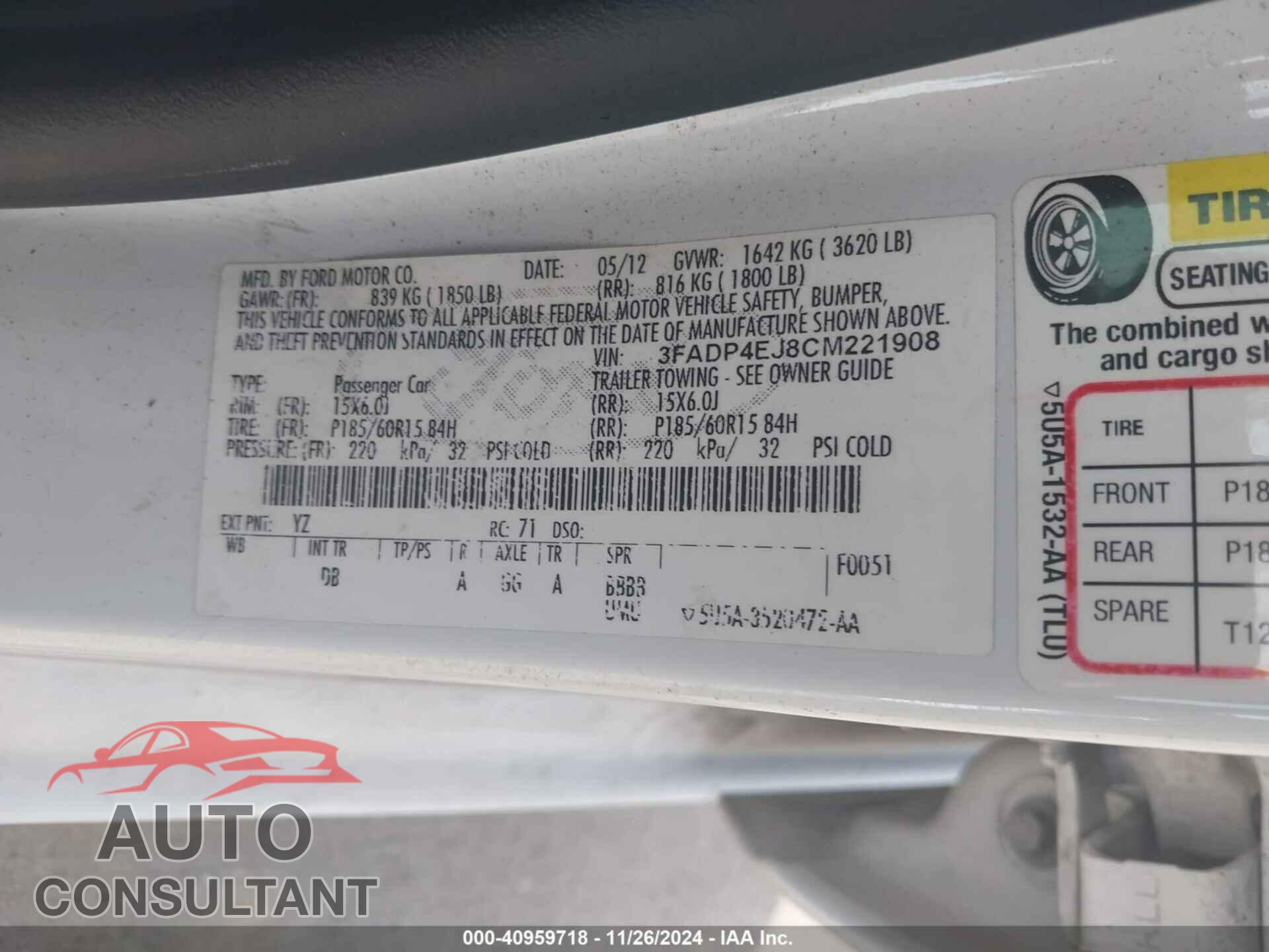 FORD FIESTA 2012 - 3FADP4EJ8CM221908