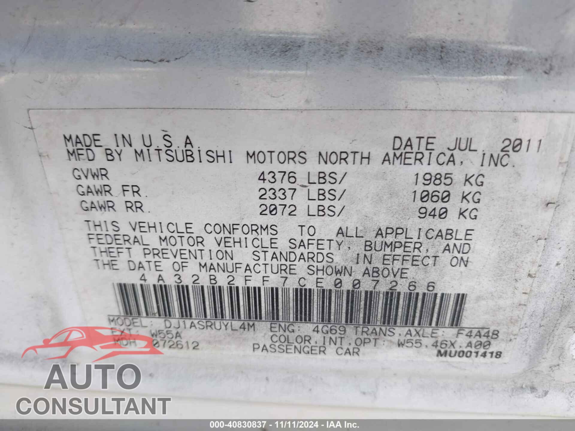 MITSUBISHI GALANT 2012 - 4A32B2FF7CE007266