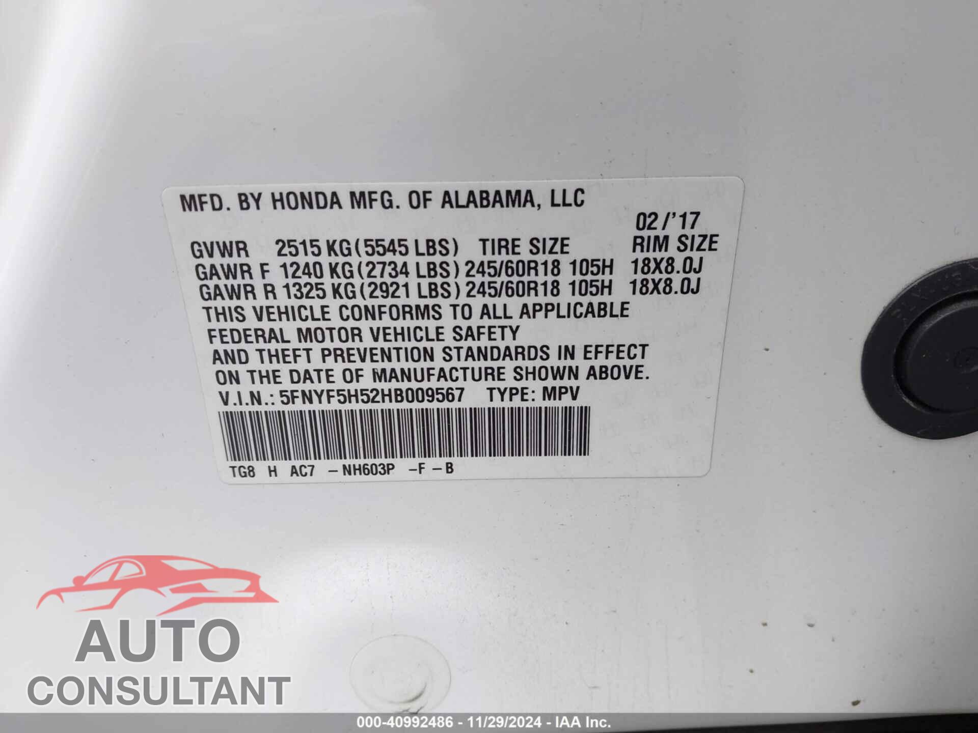 HONDA PILOT 2017 - 5FNYF5H52HB009567