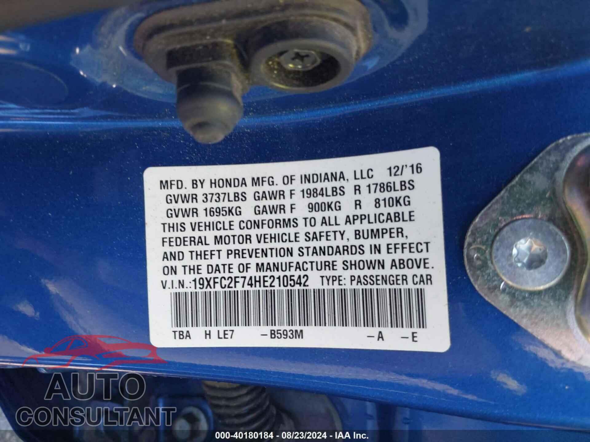 HONDA CIVIC 2017 - 19XFC2F74HE210542
