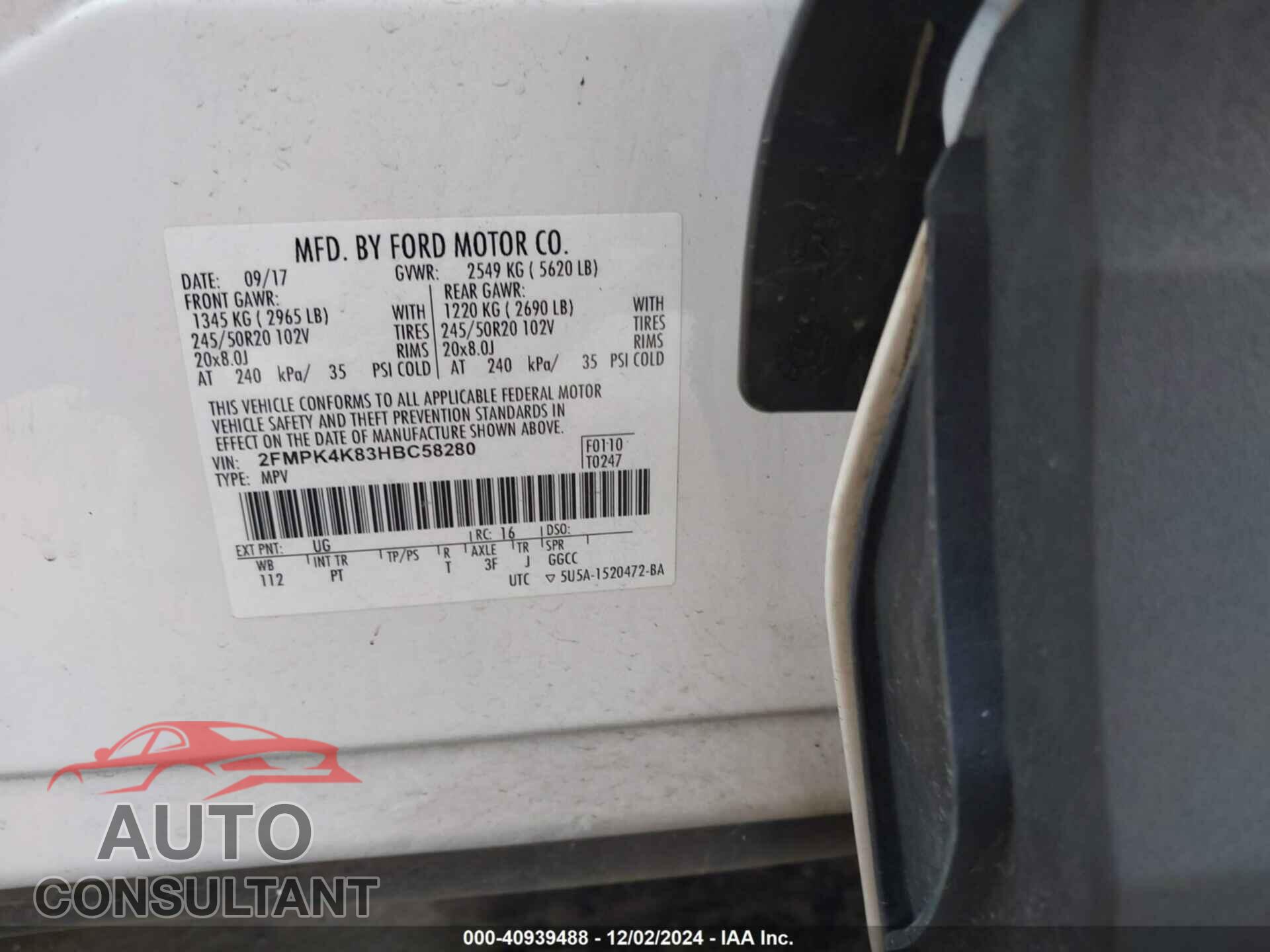 FORD EDGE 2017 - 2FMPK4K83HBC58280