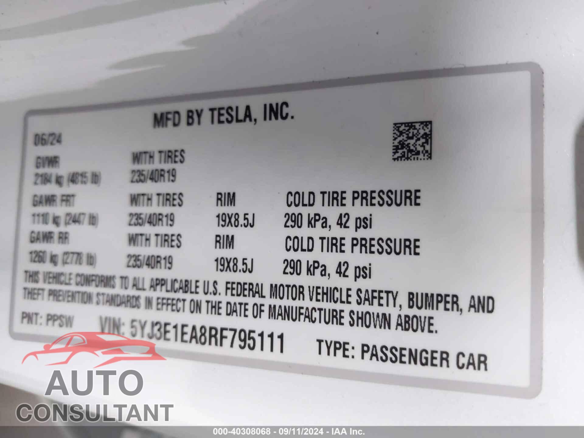 TESLA MODEL 3 2024 - 5YJ3E1EA8RF795111