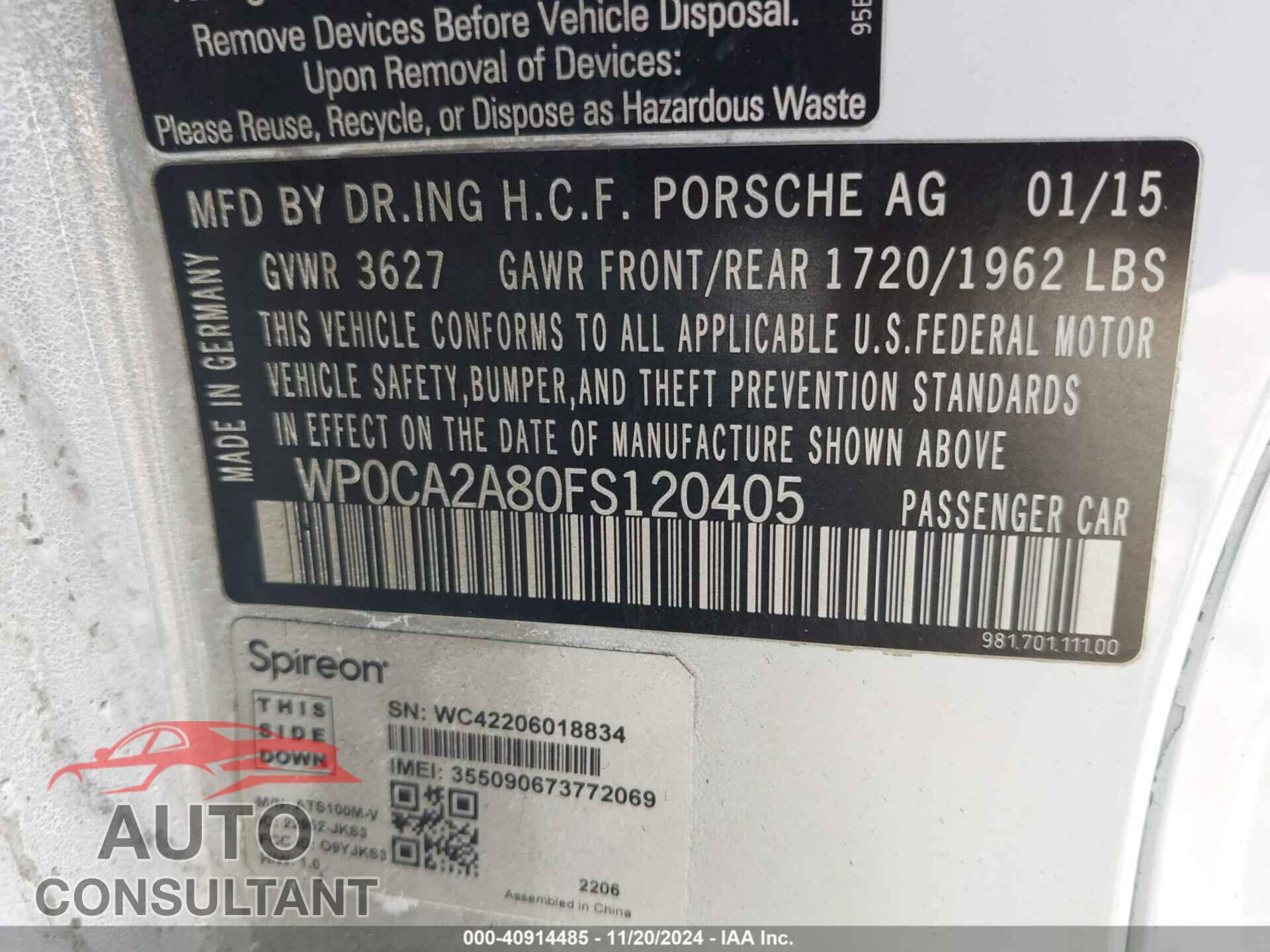 PORSCHE BOXSTER 2015 - WP0CA2A80FS120405