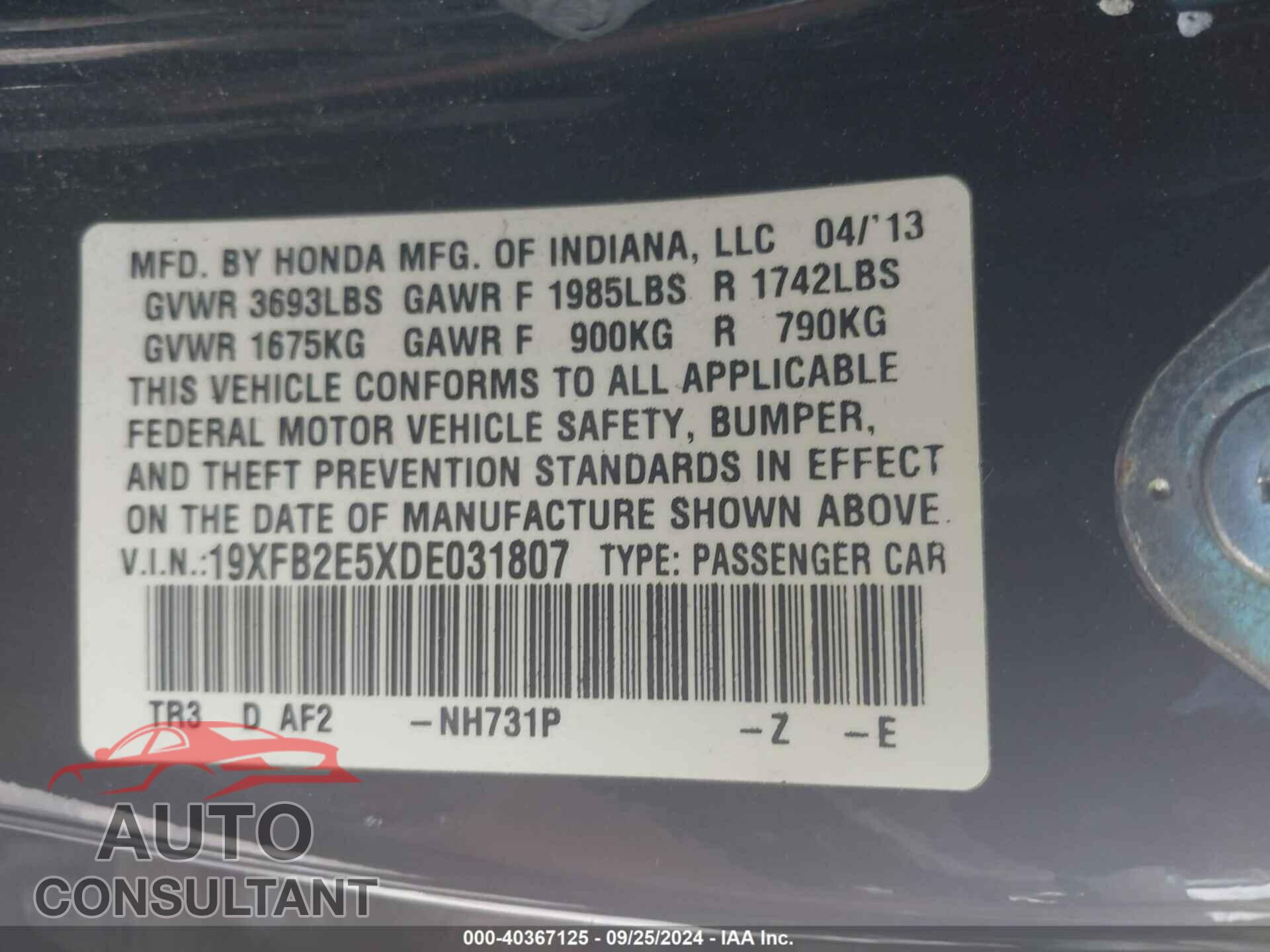 HONDA CIVIC 2013 - 19XFB2E5XDE031807