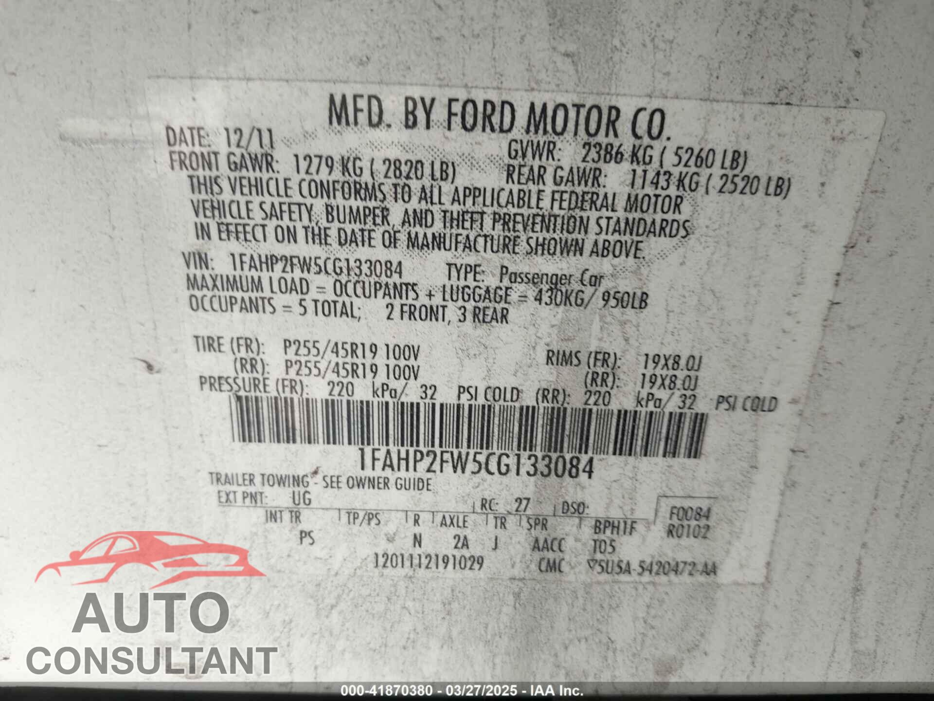 FORD TAURUS 2012 - 1FAHP2FW5CG133084