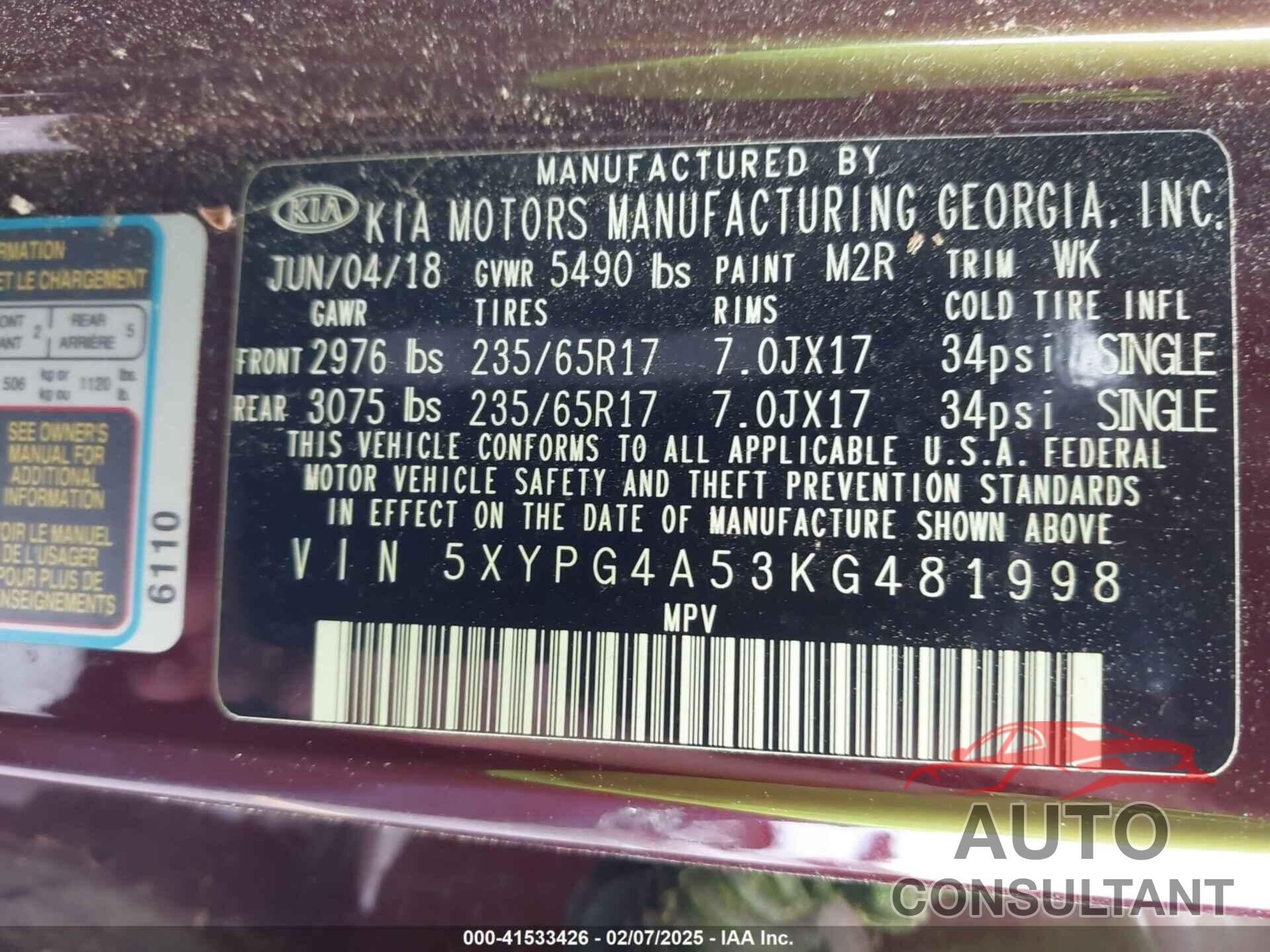 KIA SORENTO 2019 - 5XYPG4A53KG481998