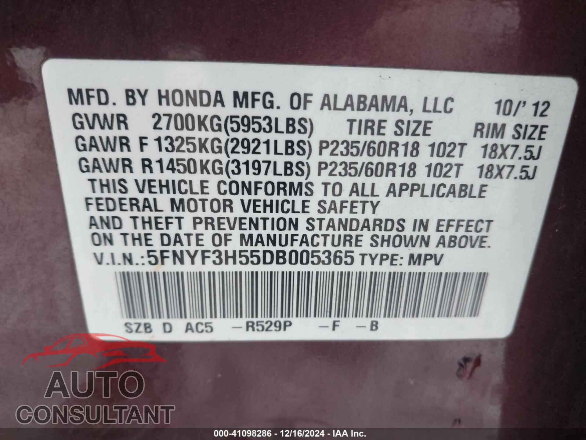 HONDA PILOT 2013 - 5FNYF3H55DB005365