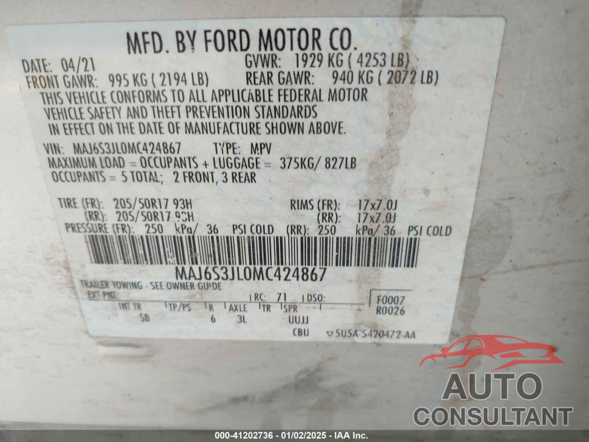 FORD ECOSPORT 2021 - MAJ6S3JL0MC424867