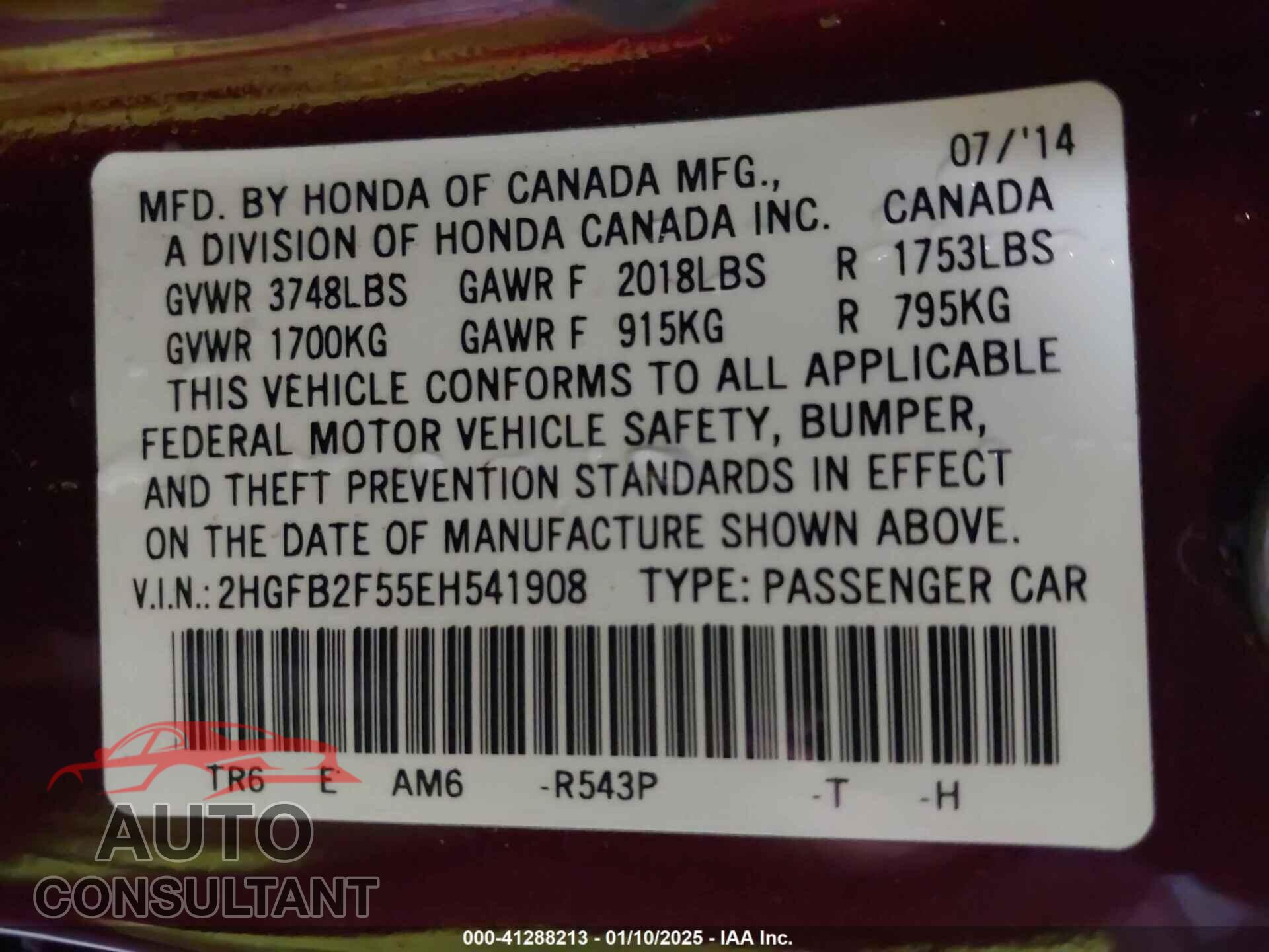 HONDA CIVIC 2014 - 2HGFB2F55EH541908