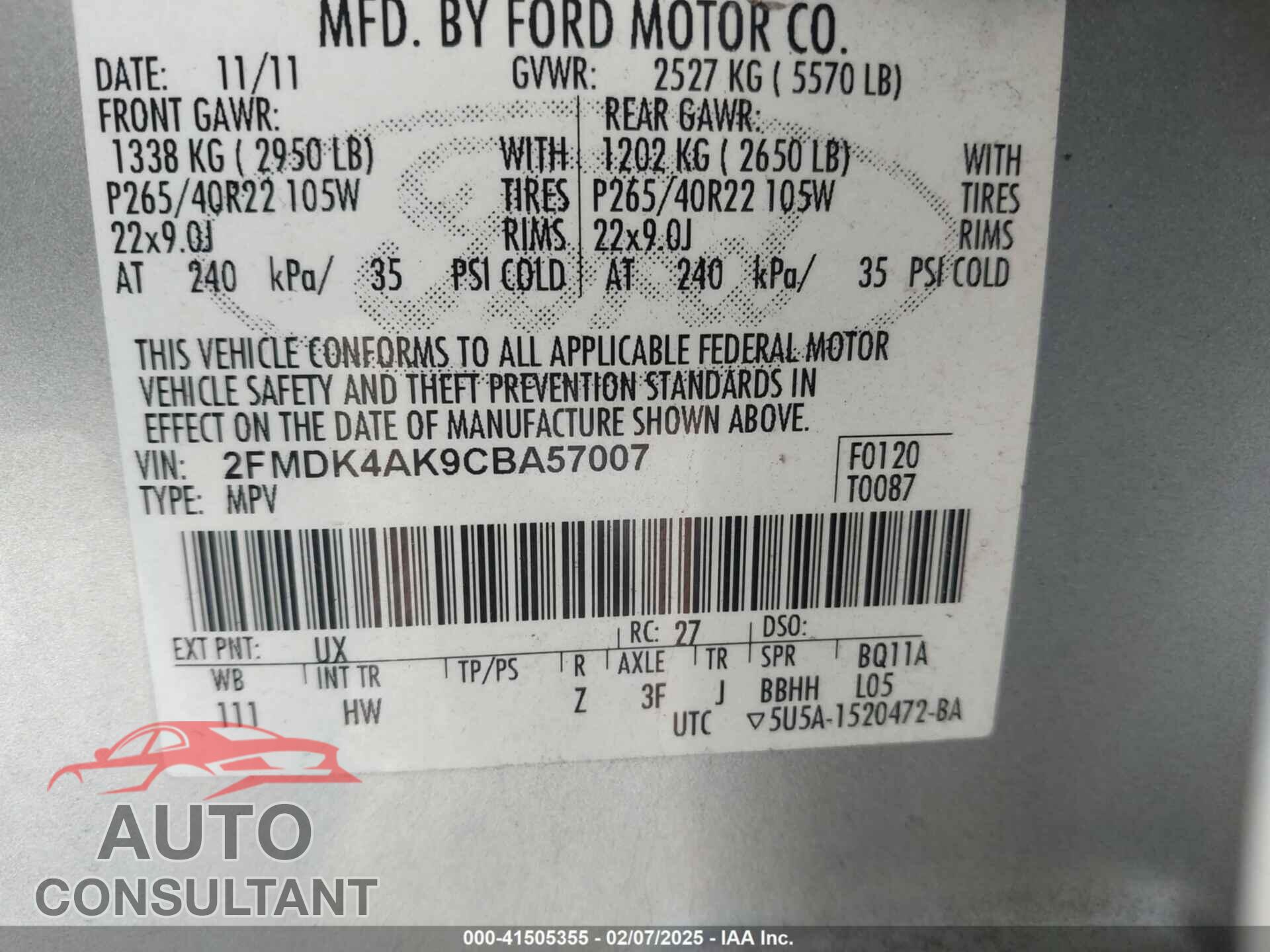 FORD EDGE 2012 - 2FMDK4AK9CBA57007